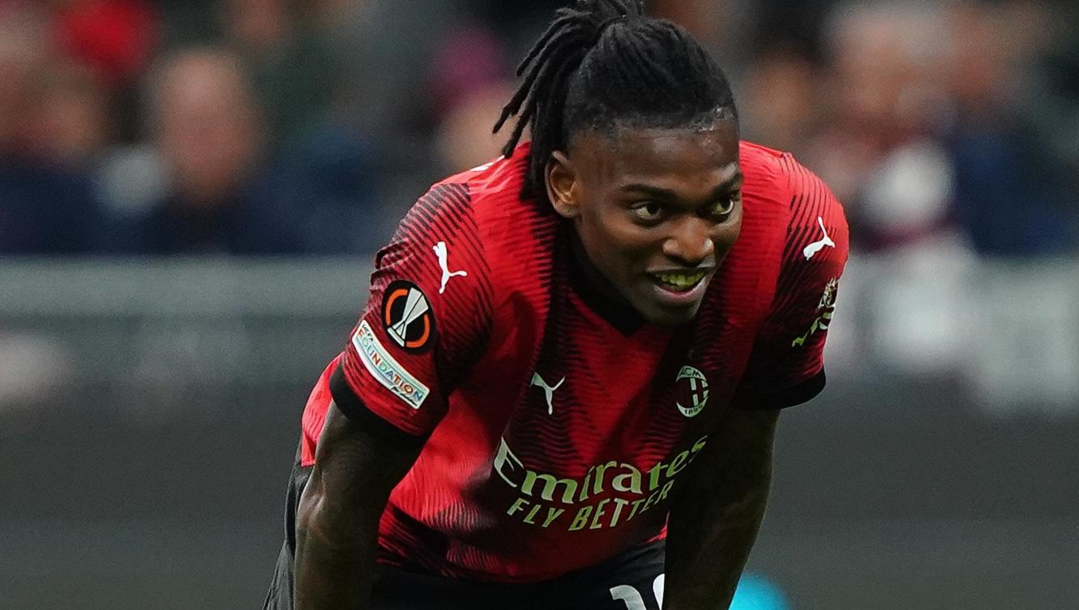 AC Milan's Rafael Leao   during the Europa League soccer  match between Ac Milan and As Roma at the San Siro Stadium in Milan , Italy - Thursday , April 11 2024. Sport - Soccer . (Photo by Spada/LaPresse)