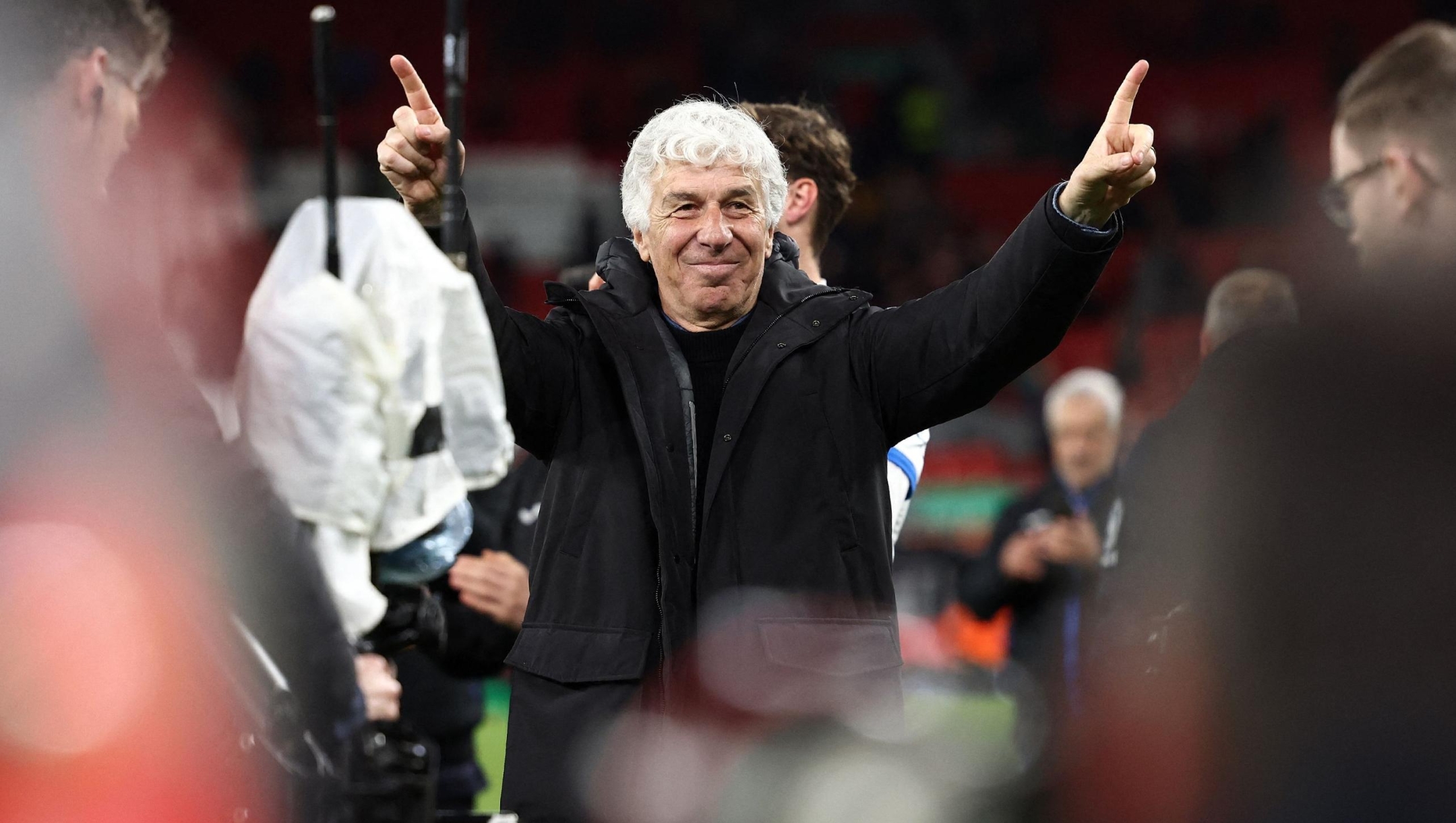 Atalanta's Italian coach Gian Piero Gasperini applauds the fans following the UEFA Europa League quarter-final first leg football match between Liverpool and Atalanta at Anfield in Liverpool, north west England on April 11, 2024. Atalanta won the match 3-0. (Photo by Darren Staples / AFP)