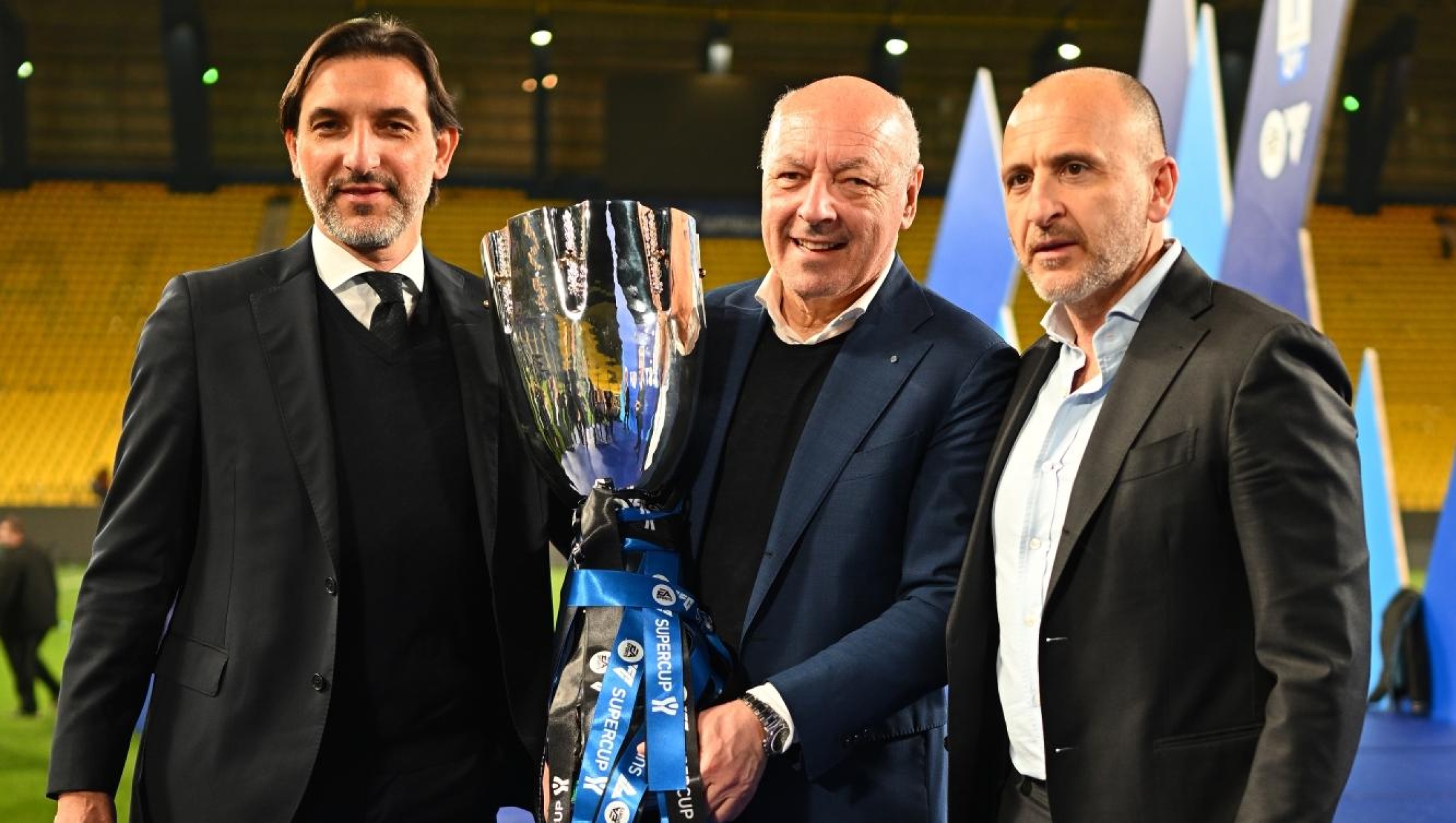 RIYADH, SAUDI ARABIA - JANUARY 22: Dario Baccin, Giuseppe Marotta and Piero Ausilio of FC Internazionale pose with the trophy at the end of the Italian EA Sports FC Supercup Final match between SSC Napoli and FC Internazionale at Al-Awwal Stadium on January 22, 2024 in Riyadh, Saudi Arabia. (Photo by Mattia Ozbot - Inter/Inter via Getty Images)