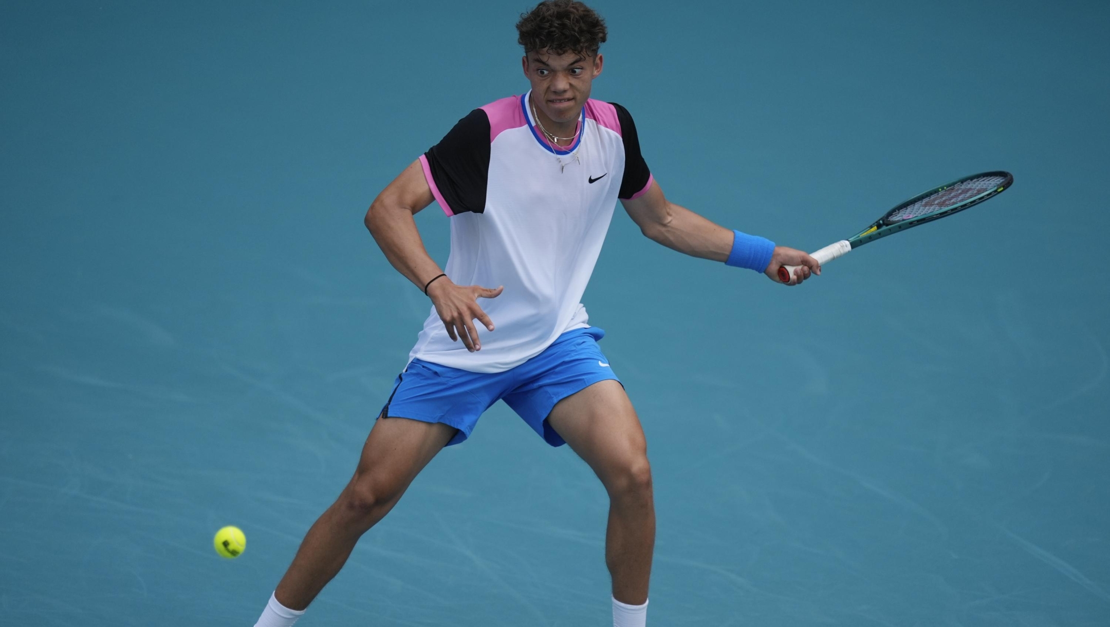 Darwin Blanch returns a ball in his first round match against Tomas Machac, of Czech Republic, at the Miami Open tennis tournament, Wednesday, March 20, 2024, in Miami Gardens, Fla. (AP Photo/Rebecca Blackwell)