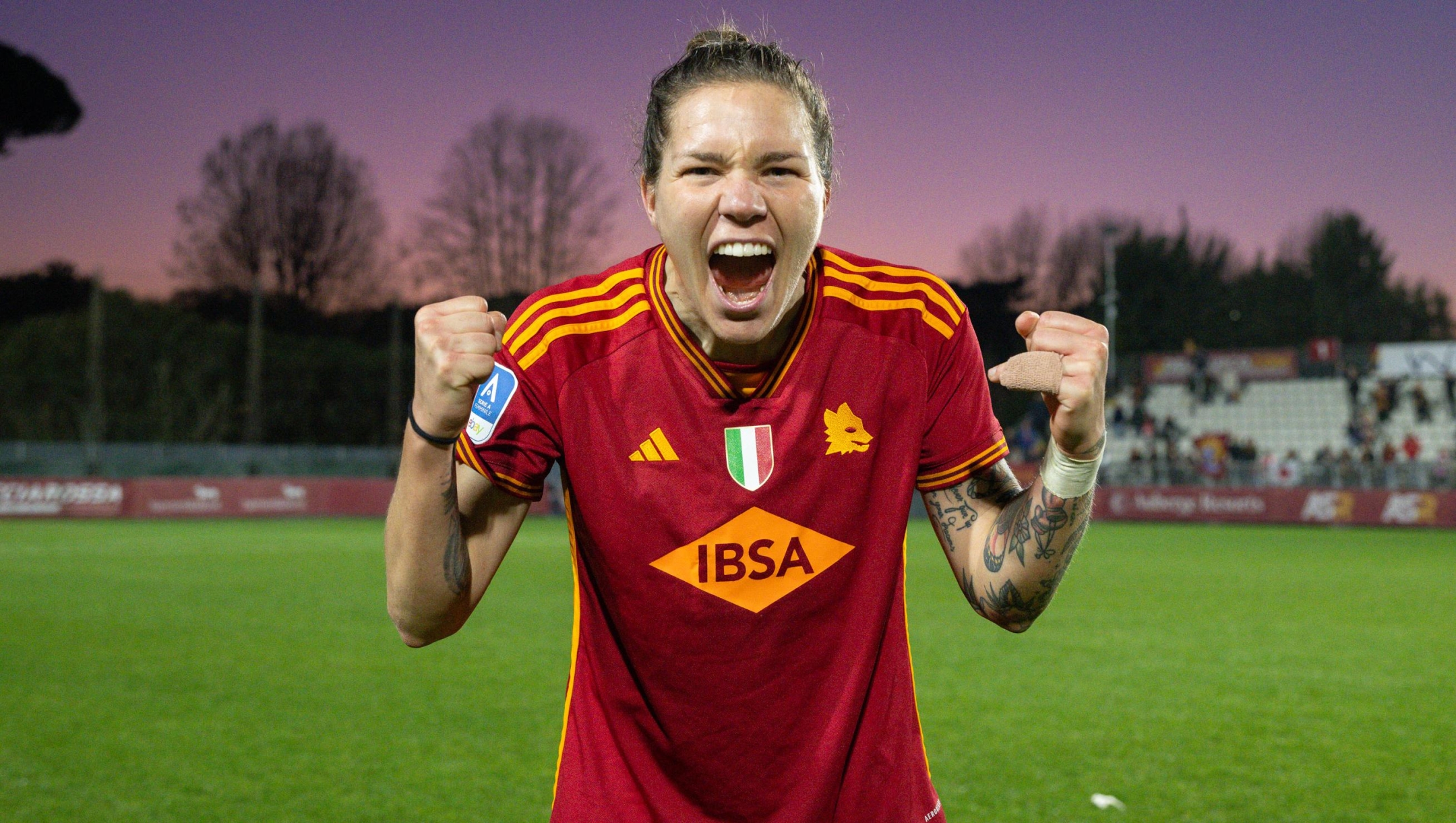 ROME, ITALY - FEBRUARY 04: AS Roma player Elena Linari celebrates the victory after the Women Serie A match between AS Roma and Juventus at Stadio Tre Fontane on February 04, 2024 in Rome, Italy. (Photo by Fabio Rossi/AS Roma via Getty Images)