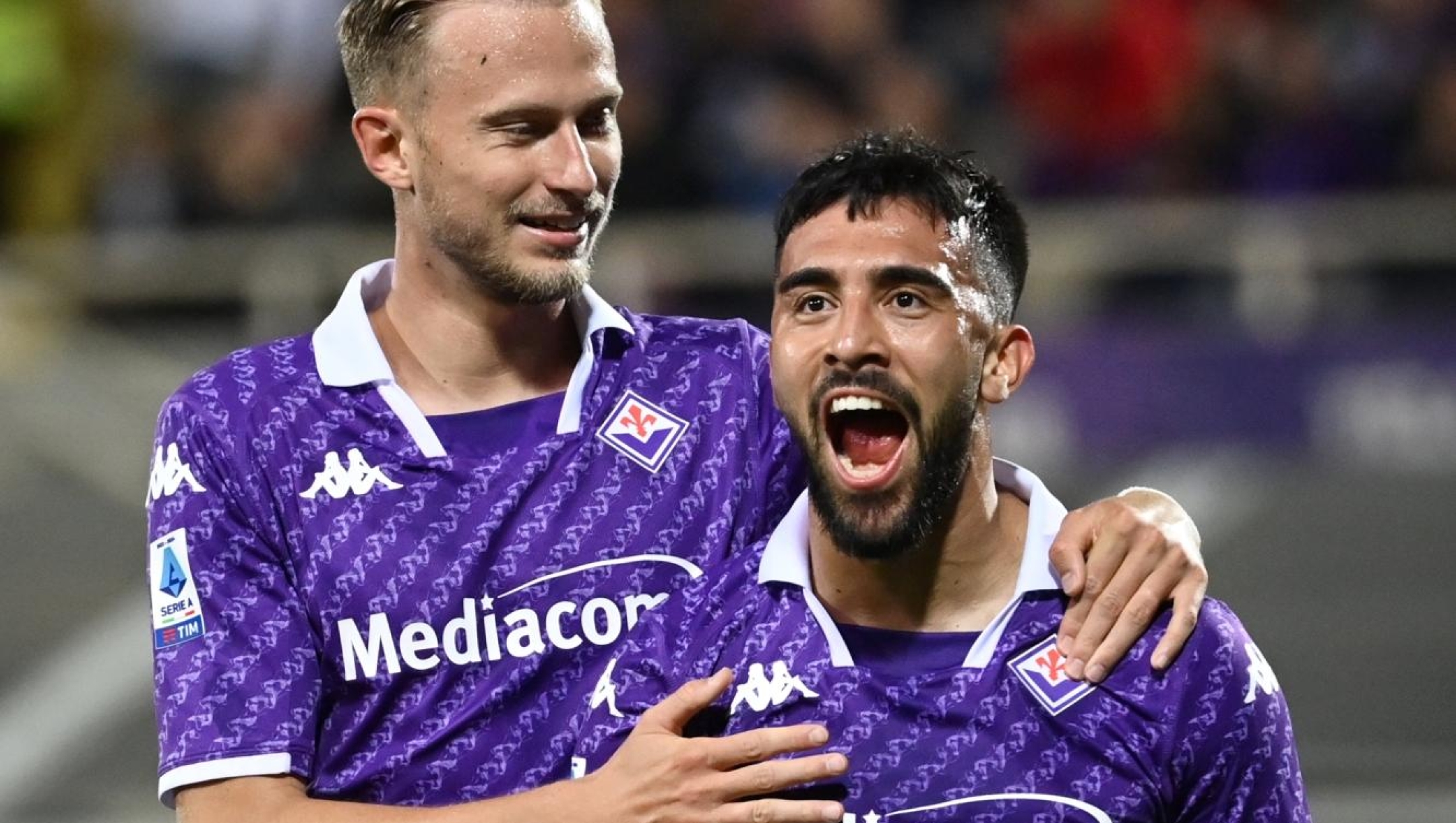 Fiorentina?s Nicolas Gonzalez celebrates with Fiorentina's Antonin Barak after scoring the 3-1 goal for his team during the Serie a Tim match between Fiorentina and Sassuolo - Serie A TIM at Artemio Franchi Stadium - Sport, Soccer - Florence, Italy - Sunday April 28, 2024 (Photo by Massimo Paolone/LaPresse)