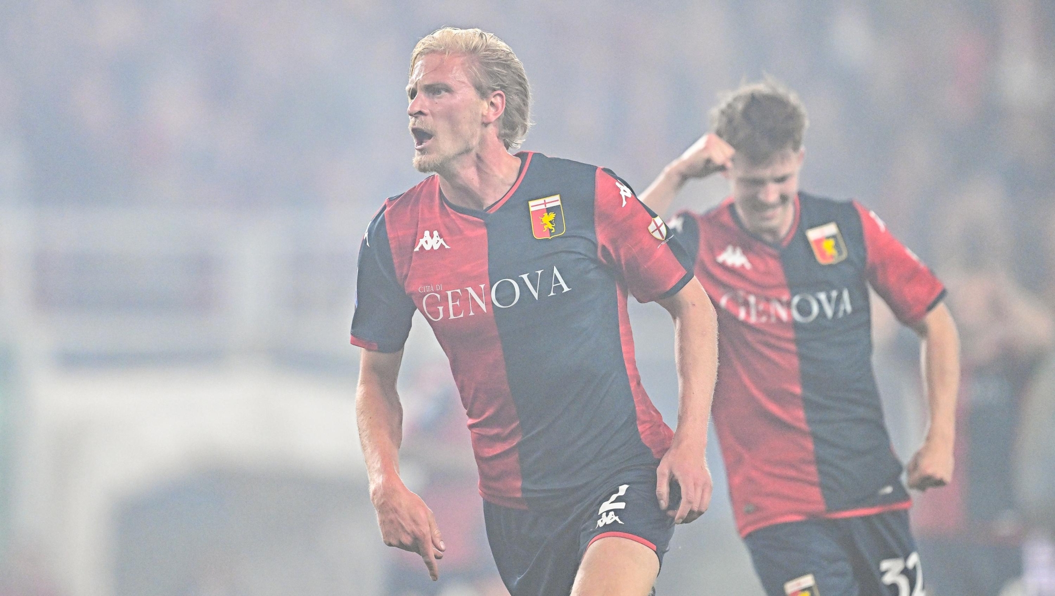 GENOA, ITALY - APRIL 29: Morten Thorsby of Genoa (left) celebrates with his team-mate Morten Frendrup after scoring a goal during the Serie A TIM match between Genoa CFC and Cagliari at Stadio Luigi Ferraris on April 29, 2024 in Genoa, Italy. (Photo by Simone Arveda/Getty Images)