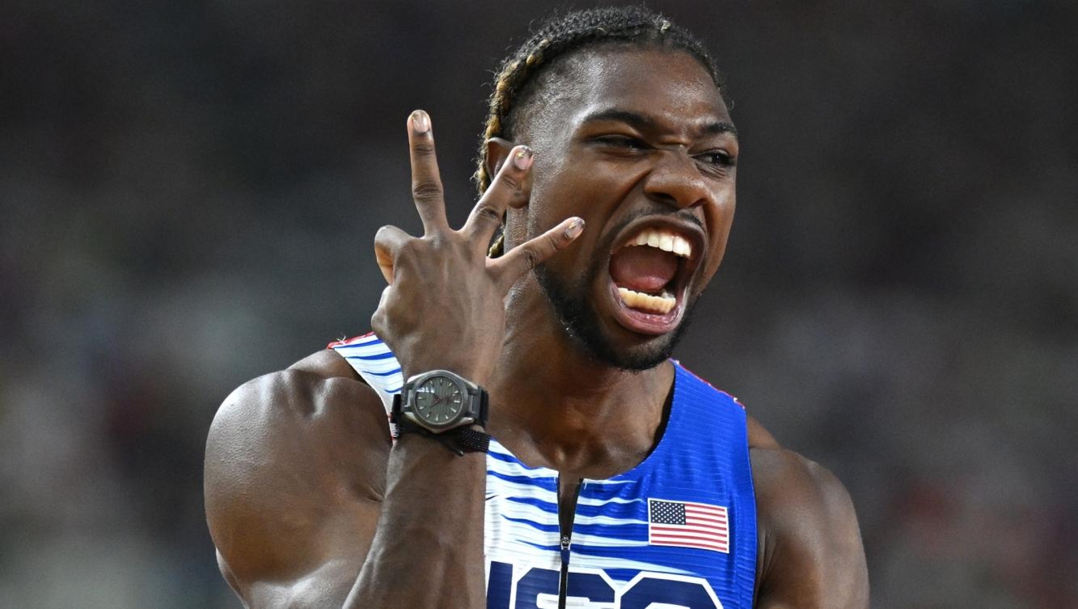 2023 Year In Review - Sport BUDAPEST, HUNGARY - AUGUST 26: Noah Lyles of Team United States reacts after winning the Men's 4x100m Relay Final during day eight of the World Athletics Championships Budapest 2023 at National Athletics Centre on August 26, 2023 in Budapest, Hungary. (Photo by Shaun Botterill/Getty Images)