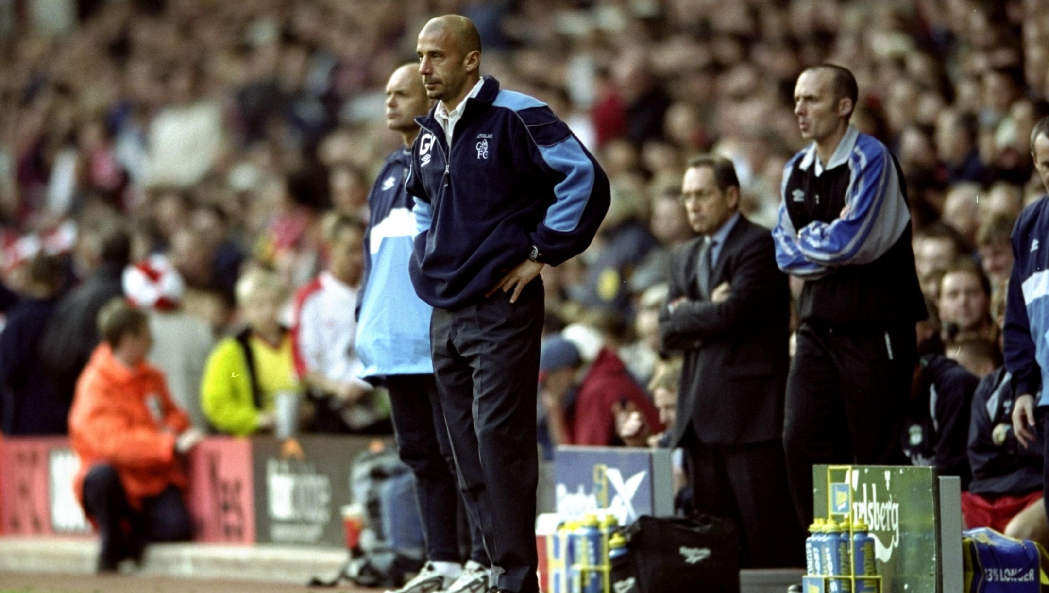 16 Oct 1999:  Chelsea manager Gianluca Vialli watches on during the FA Carling Premiership match against Liverpool at Anfield in Liverpool. Liverpool won 1-0. \ Mandatory Credit: Shaun Botterill /Allsport