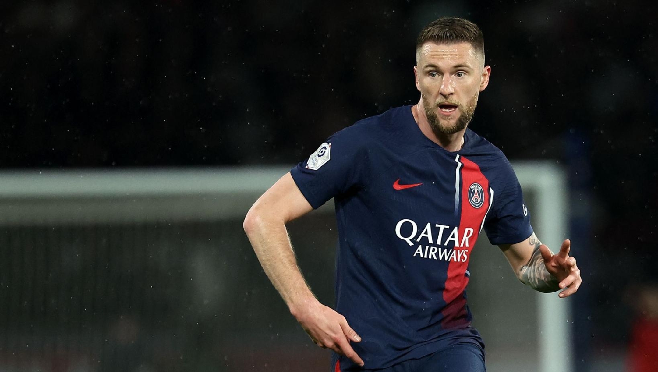 PAris Saint-Germain's Slovak defender #37 Milan Skriniar passes the ball during the French L1 football match between Paris Saint-Germain (PSG) and Le Havre AC at the Parc des Princes Stadium in Paris on April 27, 2024. (Photo by FRANCK FIFE / AFP)