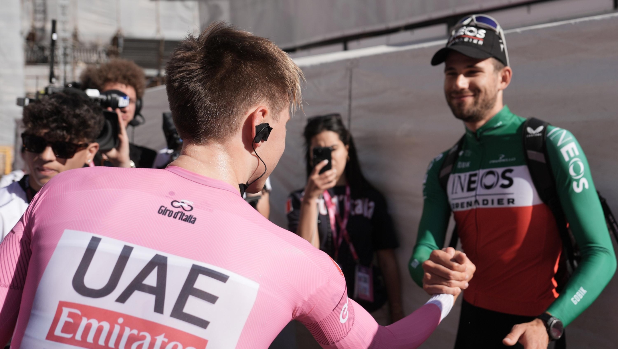 Pogacar Tadej (Team Uae Emirates) pink jersey and Ganna Filippo (Team Ineos Grenadiers)  during the stage 7 of the of the Giro d'Italia from  Foligno to Perugia (ITT) , 10 May 2024 Italy. (Photo by Massimo Paolone/Lapresse)