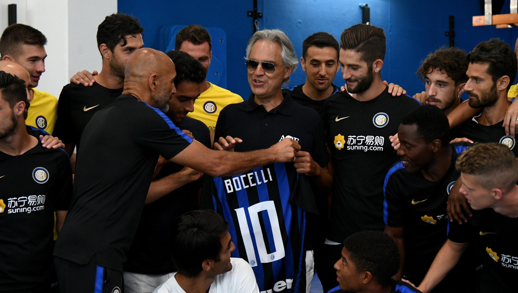 COMO, ITALY - AUGUST 16:  Singer Andrea Bocelli visits the club's training ground Suning Training Center in memory of Angelo Moratti at Appiano Gentile on August 16, 2018 in Como, Italy.  (Photo by Claudio Villa - Inter/Inter via Getty Images)