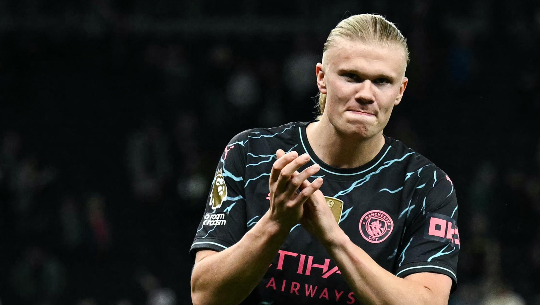 Manchester City's Norwegian striker #09 Erling Haaland applauds at the end of the English Premier League football match between Tottenham Hotspur and Manchester City at the Tottenham Hotspur Stadium in London, on May 14, 2024. Manchester City wins 2 - 0 against Tottenham Hotspur. (Photo by Ben Stansall / AFP) / RESTRICTED TO EDITORIAL USE. No use with unauthorized audio, video, data, fixture lists, club/league logos or 'live' services. Online in-match use limited to 120 images. An additional 40 images may be used in extra time. No video emulation. Social media in-match use limited to 120 images. An additional 40 images may be used in extra time. No use in betting publications, games or single club/league/player publications. /