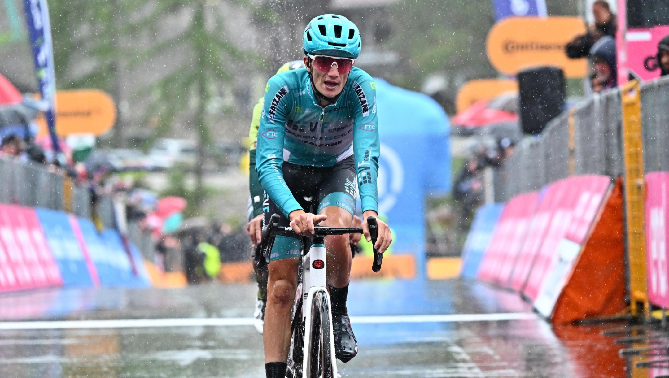 Italian rider Giulio Pellizzari VF Group - Bardiani Csf- Faizane' after crossing the finish line of the 16th stage, of the 107 Giro d'Italia 2024, cycling race over 202 km from Livigno to Santa Cristina Valgardena, Italy, 21 May 2024. ANSA/LUCA ZENNARO