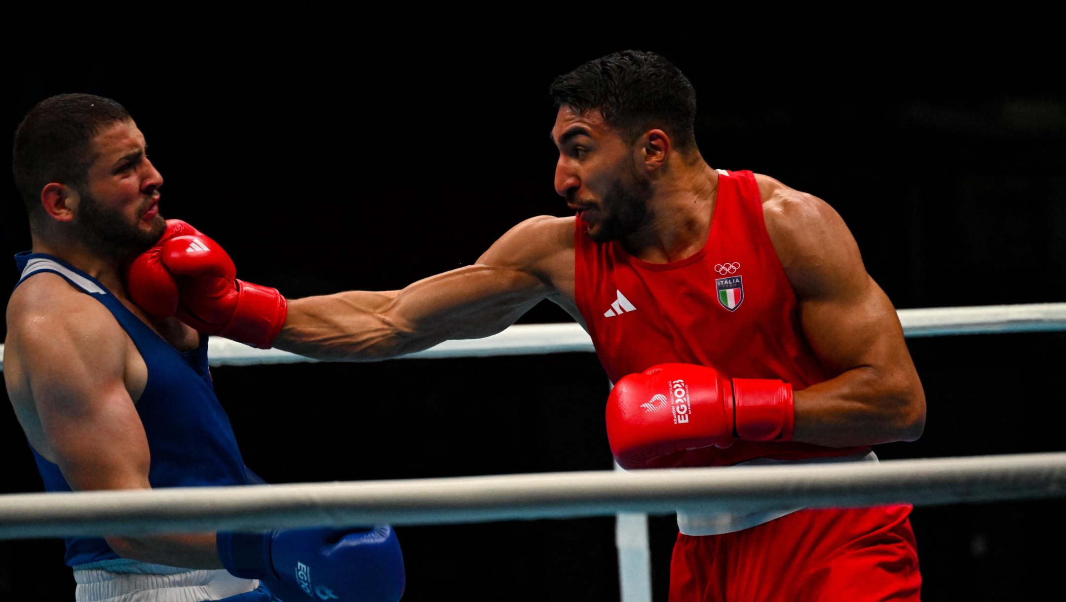 NOWY TARG, POLAND - JUNE 28: Fight of Aziz Abbes Mouhiidine from Italy (red) vs Berat Acar from Turkey (blue) during boxing in Nowy Targ at the 3rd European Games on June 28, 2023 in Nowy Targ, Poland.
From June 21 to July 2, the 3rd European Games organized by The European Olympic Committees are held in Krakow and nearby cities. The Games are held every 4 years and 50 European national teams take part in it. During the European Games you can watch 29 different sports. (Photo by Klaudia Radecka/NurPhoto) (Photo by Klaudia Radecka / NurPhoto / NurPhoto via AFP)