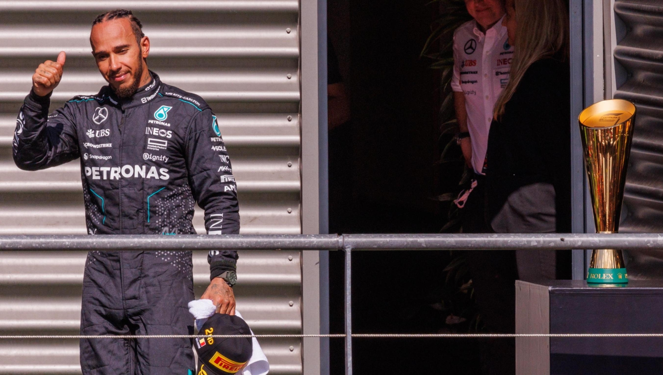 epa11503096 Mercedes driver Lewis Hamilton of Britain reacts after arriving second in the Formula One Belgian Grand Prix at the Circuit de Spa-Francorchamps racetrack in Stavelot, Belgium, 28 July 2024.  EPA/OLIVIER MATTHYS