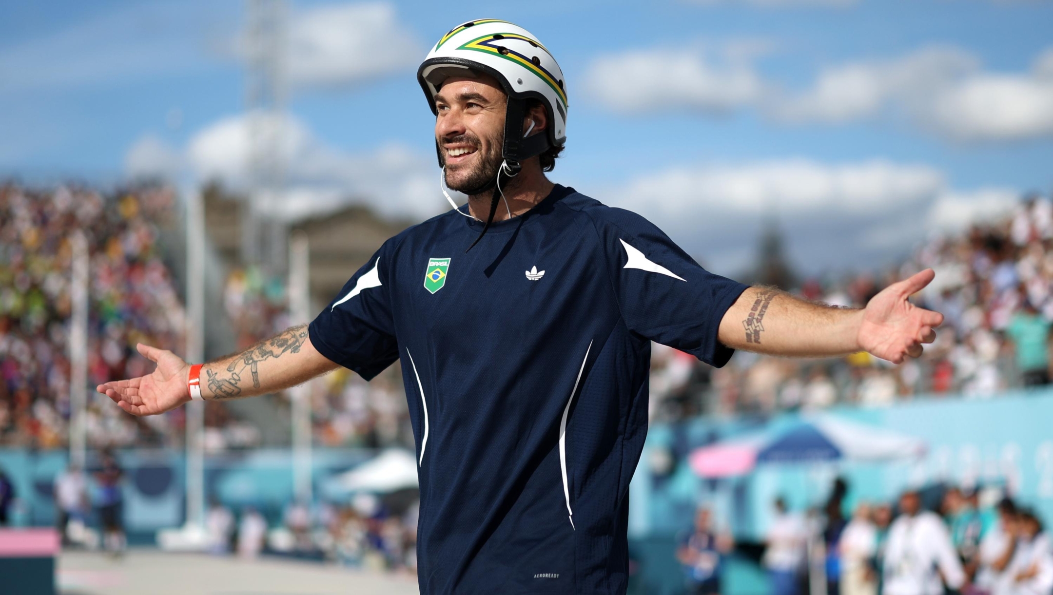 PARIS, FRANCE - AUGUST 07: Pedro Barros of Team Brazil reacts during the Men's Park Final on day twelve of the Olympic Games Paris 2024 at Place de la Concorde on August 07, 2024 in Paris, France. (Photo by Carl Recine/Getty Images)