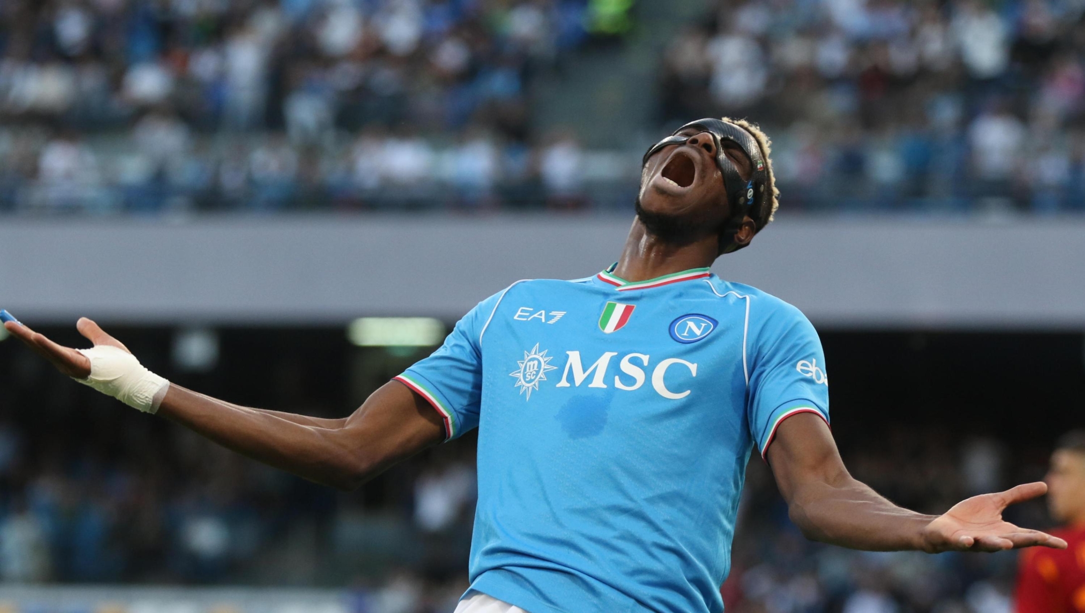 Napoli?s forward Victor Osimhen reacts during the Italian Serie A soccer match SSC Napoli vs AS Roma at "Diego Armando Maradona" stadium in Naples, Italy,  28 April 2024  ANSA/CESARE ABBATE