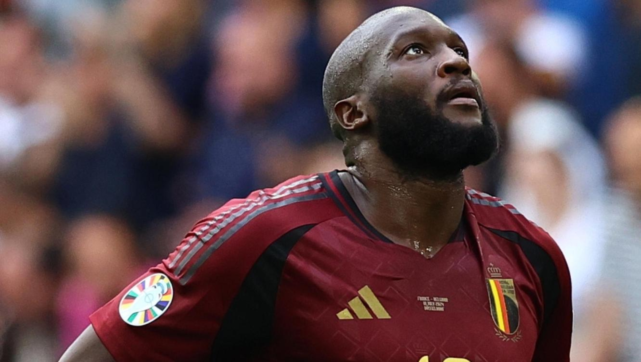 epa11450734 Romelu Lukaku of Belgium looks disappointed after losing the UEFA EURO 2024 Round of 16 soccer match between France and Belgium, in Dusseldorf, Germany, 01 July 2024.  EPA/FILIP SINGER