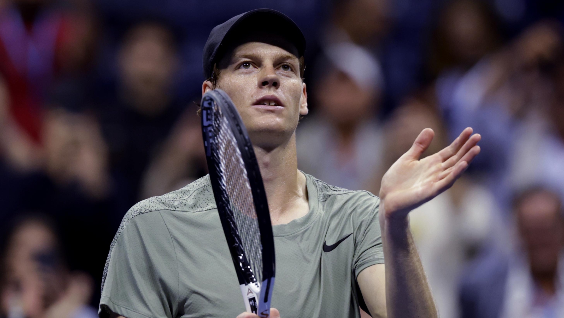 Jannik Sinner, of Italy, acknowledges the crowd after defeating Daniil Medvedev, of Russia, during the quarterfinals of the U.S. Open tennis championships, Wednesday, Sept. 4, 2024, in New York. (AP Photo/Adam Hunger)