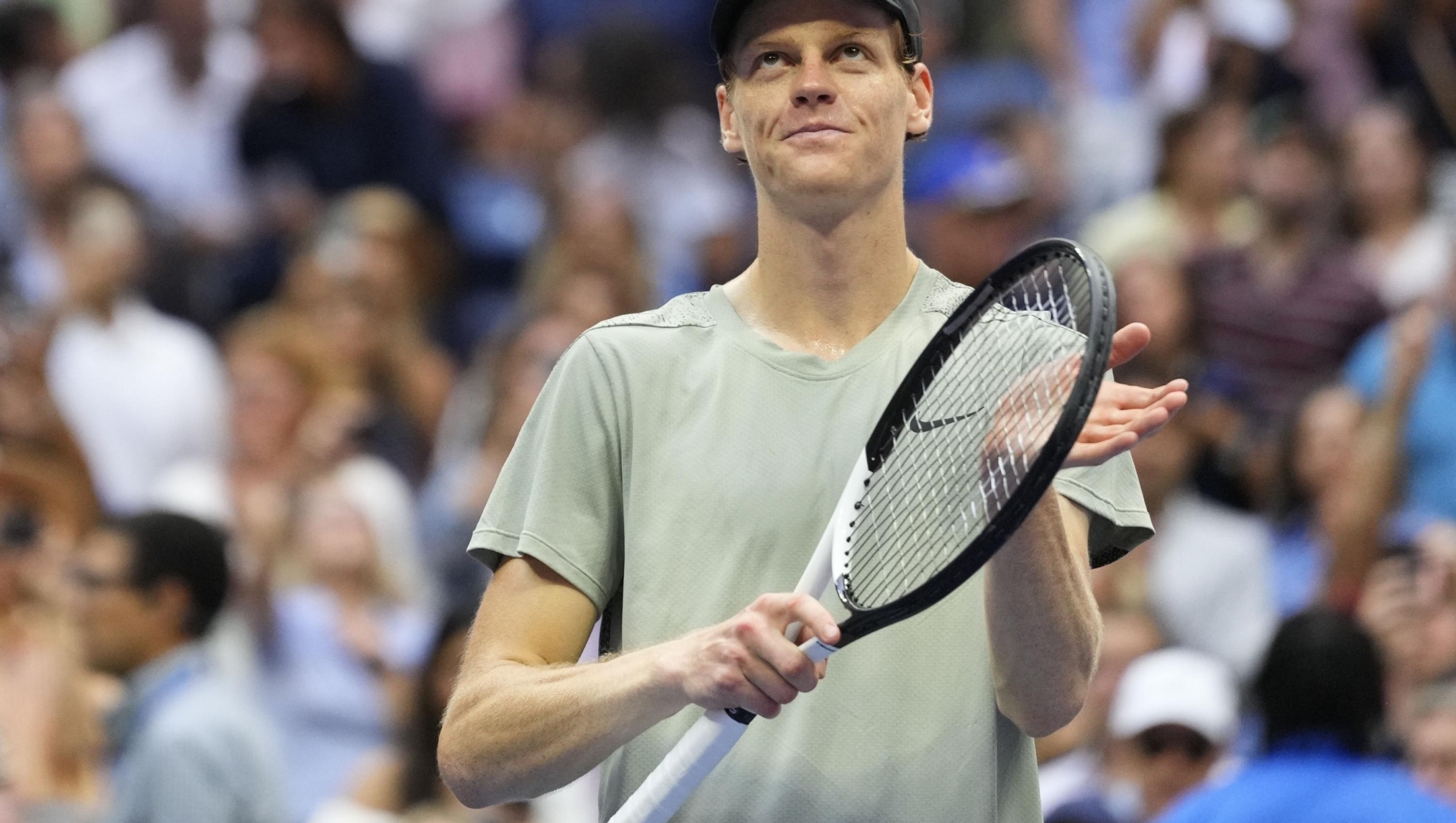 Jannik Sinner, of Italy, reacts after defeating Jack Draper, of Great Britain, during the men's singles semifinals of the U.S. Open tennis championships, Friday, Sept. 6, 2024, in New York. (AP Photo/Kirsty Wigglesworth)