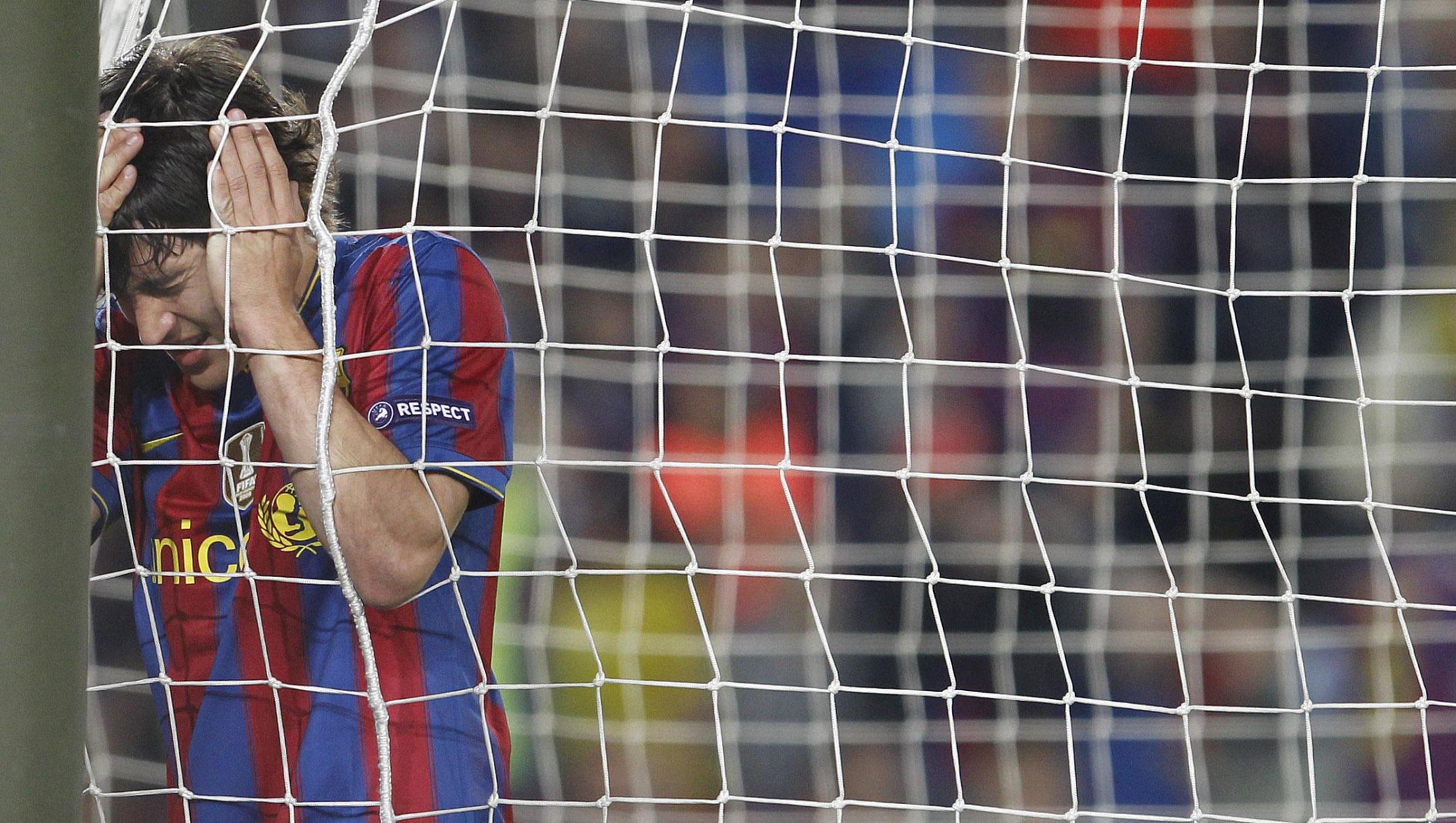 FC Barcelona's Bojan reacts after missing a chance during the Champions League semifinal second leg soccer match between FC Barcelona and Inter Milan at the Camp Nou stadium in Barcelona, Spain, Wednesday, April 28, 2010.  (AP Photo/Victor R. Caivano)