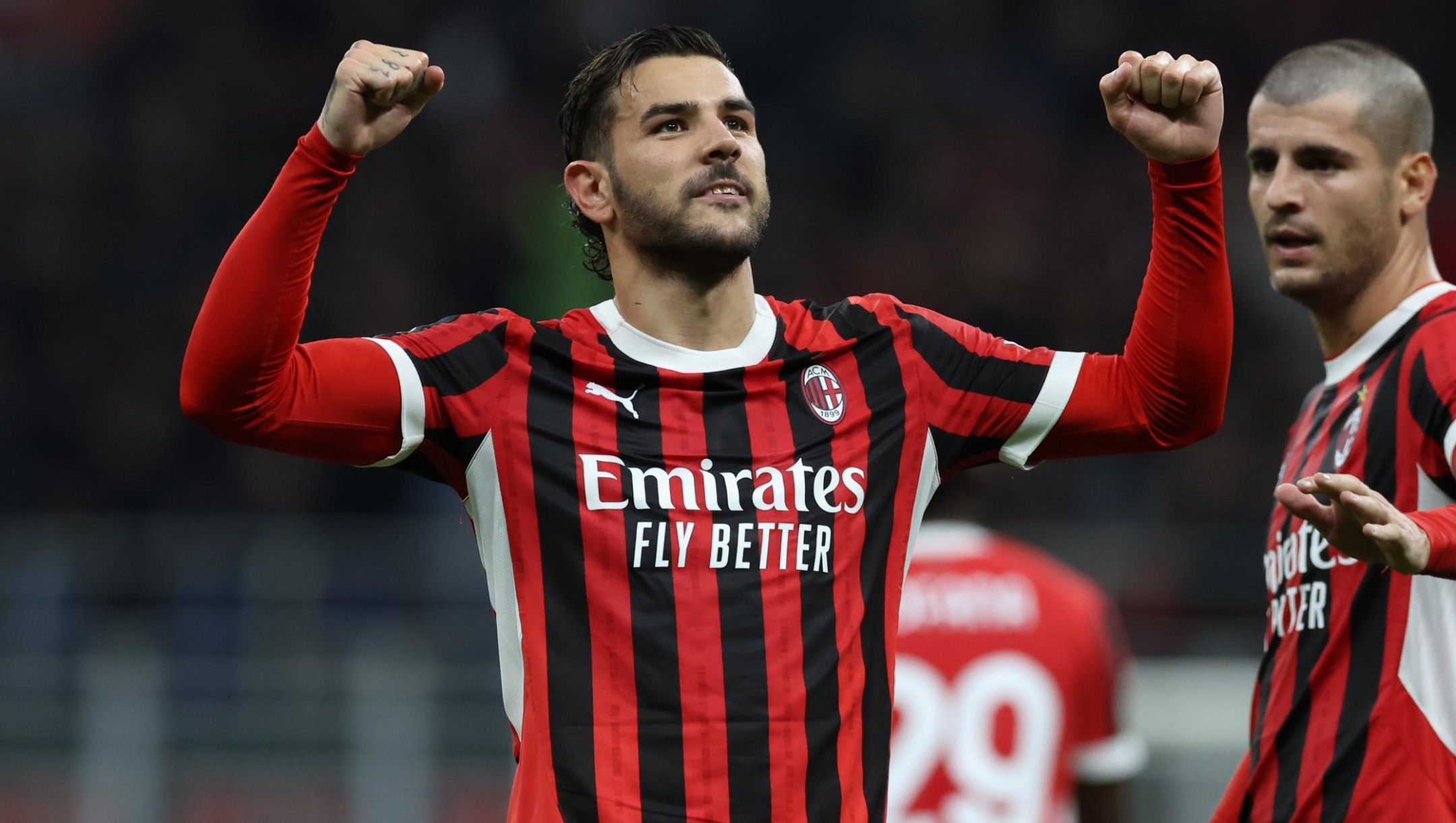 MILAN, ITALY - SEPTEMBER 27: Theo Hernandez of AC Milan celebrates after scoring the goal during the Serie match between Milan and Lecce at Stadio Giuseppe Meazza on September 27, 2024 in Milan, Italy. (Photo by Claudio Villa/AC Milan via Getty Images)