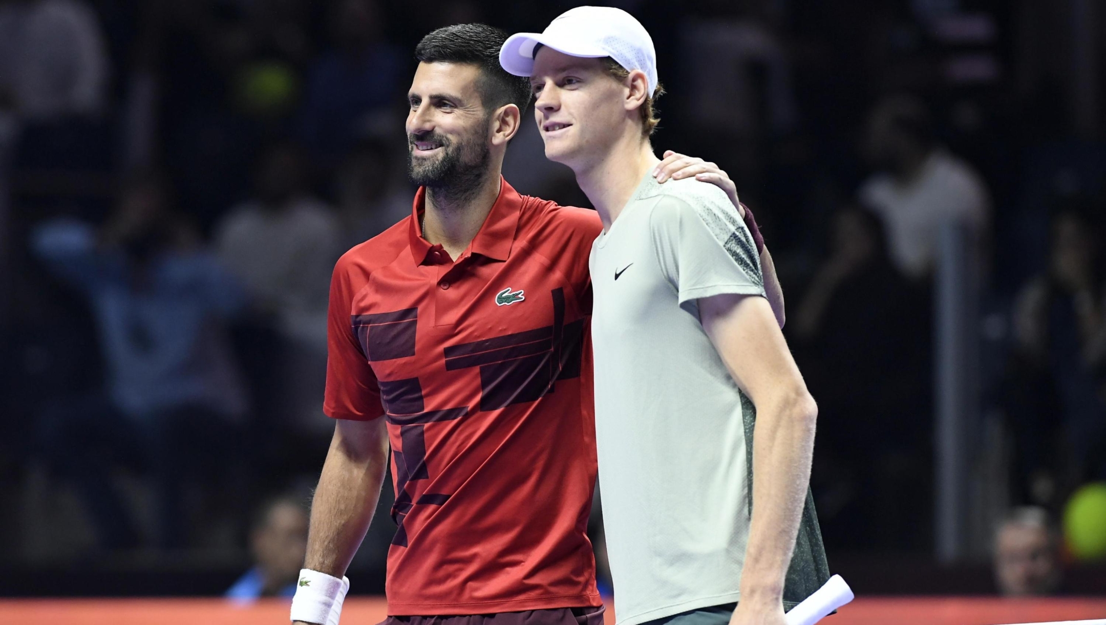 epa11664904 Novak Djokovic of Serbia (L) and Jannik Sinner of Italy pose ahead of their match at the Six Kings Slam exhibition tennis tournament in Riyadh, Saudi Arabia, 17 October 2024.  EPA/STR