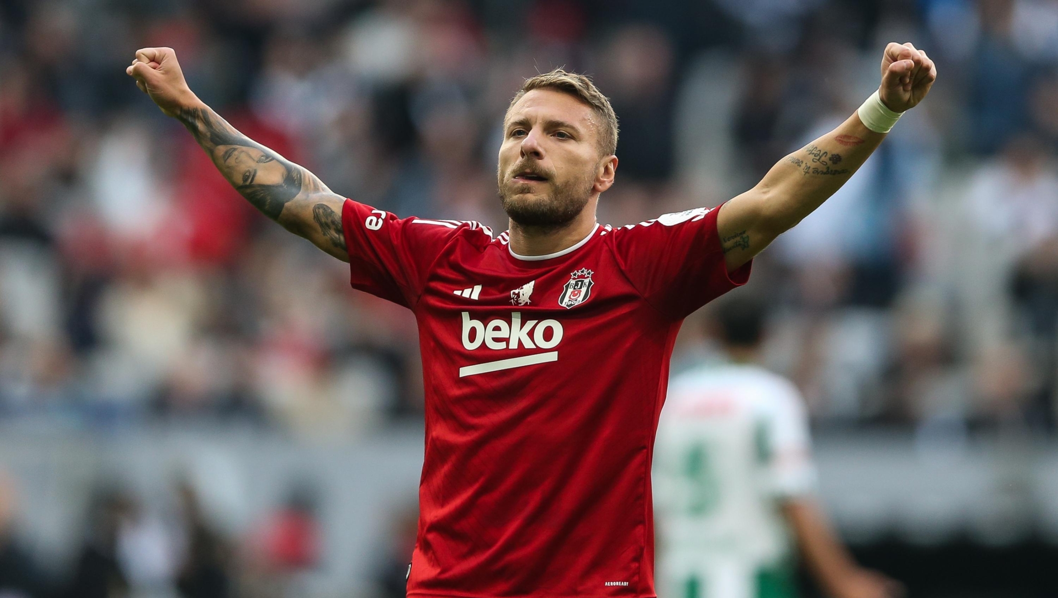 ISTANBUL, TURKEY - OCTOBER 20: Ciro Immobile of Besiktas celebrates after scoring his team's first goal during the Turkish Super League match between Besiktas and Konyaspor at Besiktas Park on October 20, 2024 in Istanbul, Turkey. (Photo by Ahmad Mora/Getty Images)