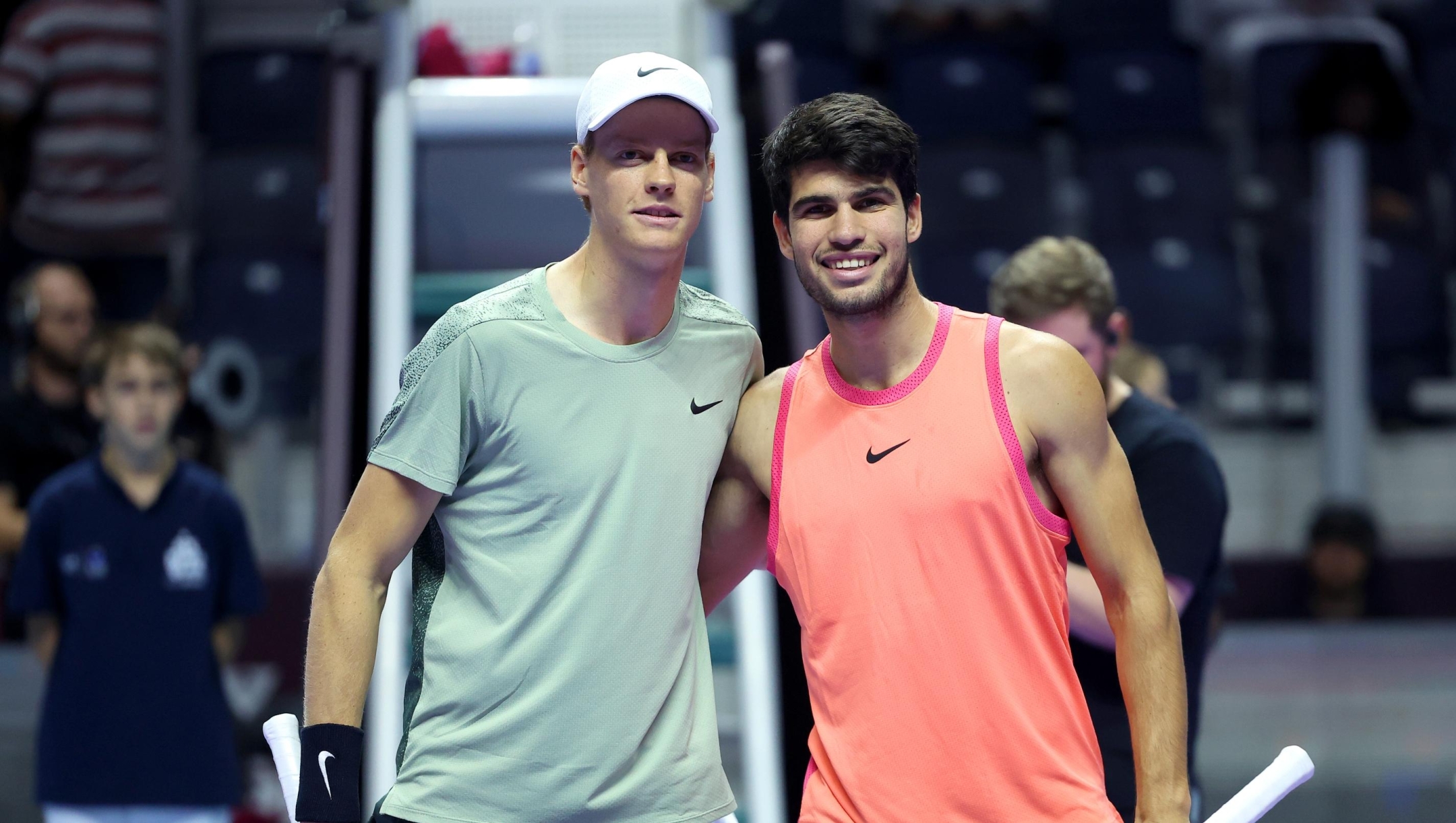 RIYADH, SAUDI ARABIA - OCTOBER 19: Jannik Sinner of Italy (left) and Carlos Alcaraz of Spain pose for a photo together ahead of their Men's Singles Final match on day three of the Six Kings Slam 2024 at Kingdom Arena on October 19, 2024 in Riyadh, Saudi Arabia. (Photo by Richard Pelham/Getty Images)