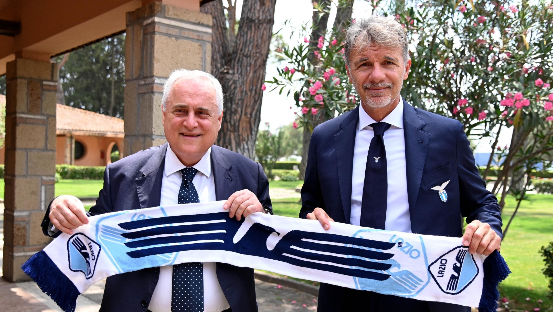 ROME, ITALY - JULY 08: SS Lazio President Claudio Lotito and SS Lazio unveil new head coach Marco Baroni pose prior the press conference at the Formello Sport Centre on July 08, 2024 in Rome, Italy.  (Photo by Marco Rosi - SS Lazio/Getty Images)