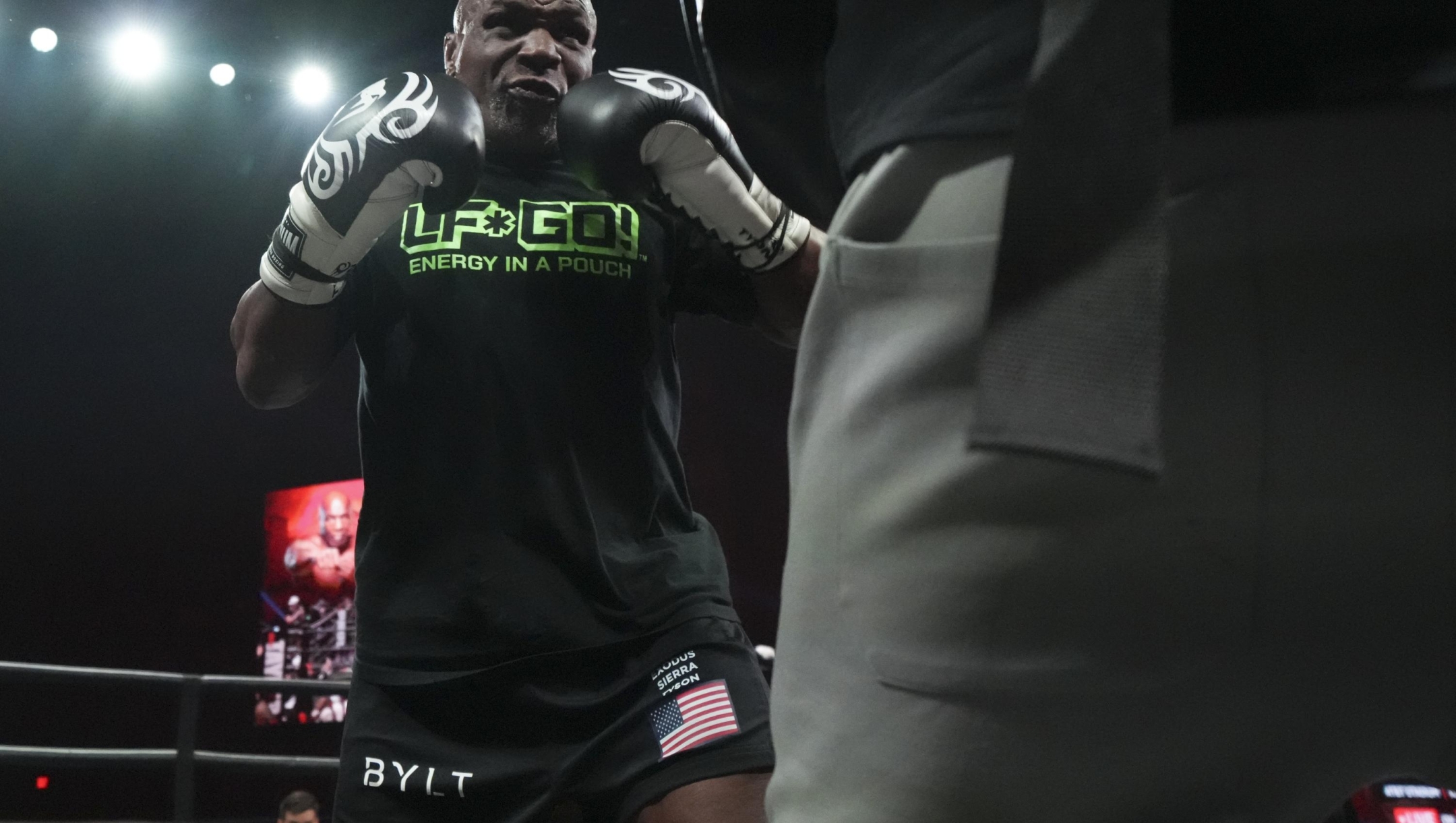 Mike Tyson works out ahead of his boxing match against Jake Paul, Tuesday, Nov. 12, 2024, in Irving, Texas. (AP Photo/Julio Cortez)