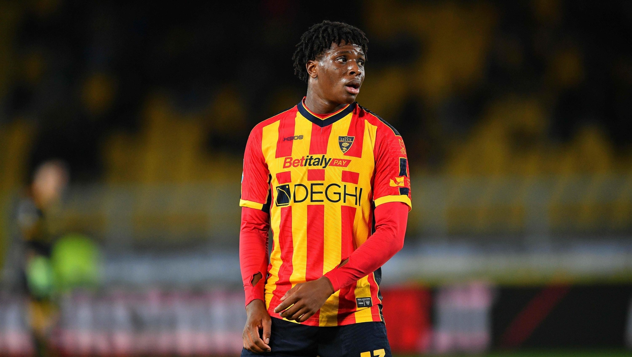 Lecce's defensive winger Patrick Dorgu (13 US Lecce) in action during the Serie A Enilive soccer match between US Lecce and Juventus FC at the Via del Mare Stadium in Lecce, Italy, Sunday, December 1, 2024. (Credit Image: © Giovanni Evangelista/LaPresse)