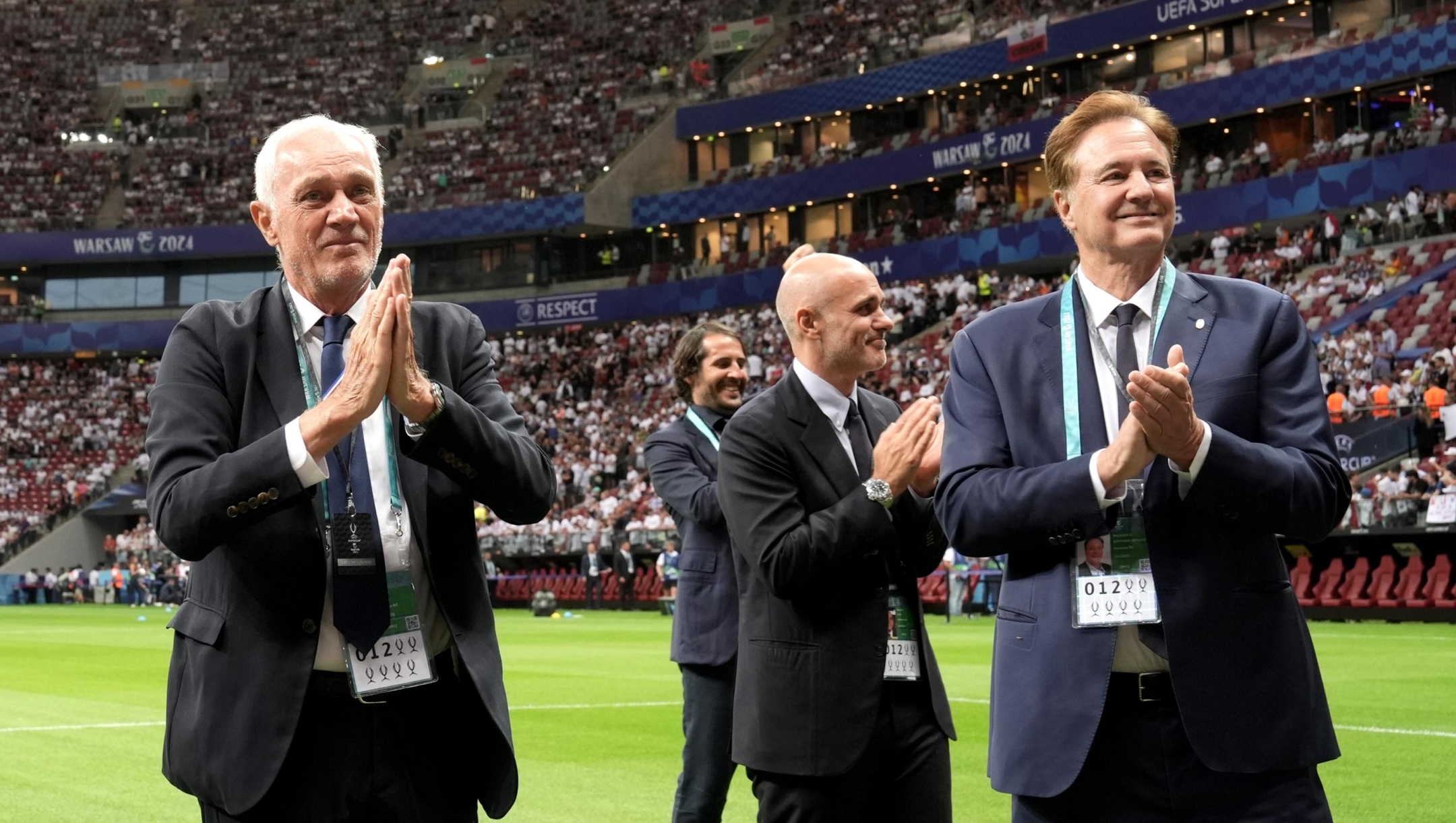 Atalanta's president Antonio Percassi and Atalanta's Stephen Pagliuca before the 2024 UEFA Super Cup match between Real Madrid and Atalanta - 2024 UEFA Super Cup at National Stadium - Sport, Soccer - Warsaw, Poland - Wednesday August 14, 2024 (Photo by Massimo Paolone/LaPresse)