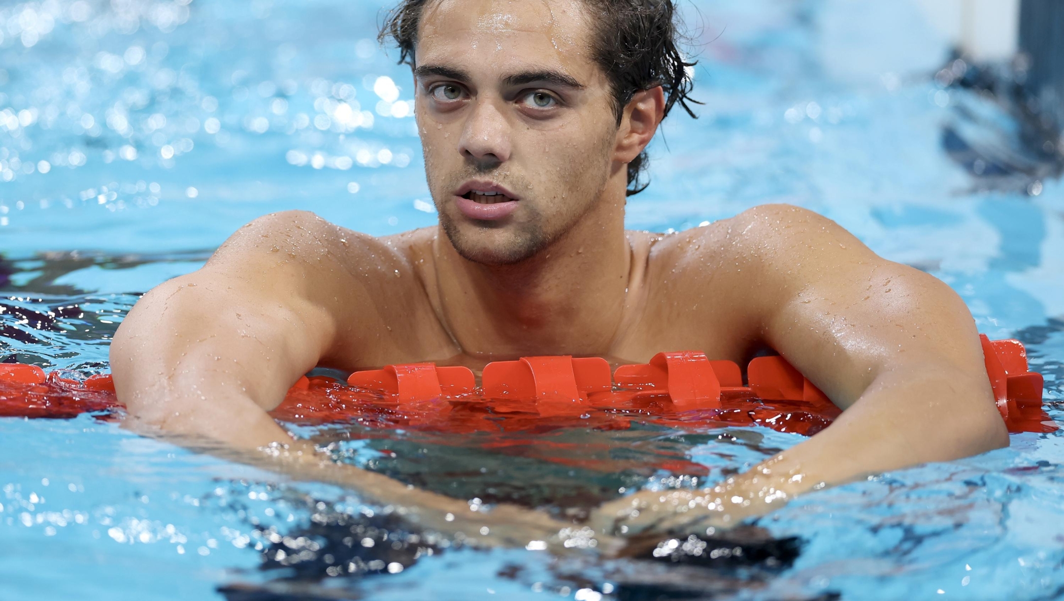 NANTERRE, FRANCE - JULY 31: Thomas Ceccon of Team Italy reacts after competing in the Men's 200m Backstroke Semifinals on day five of the Olympic Games Paris 2024 at Paris La Defense Arena on July 31, 2024 in Nanterre, France. (Photo by Maddie Meyer/Getty Images)