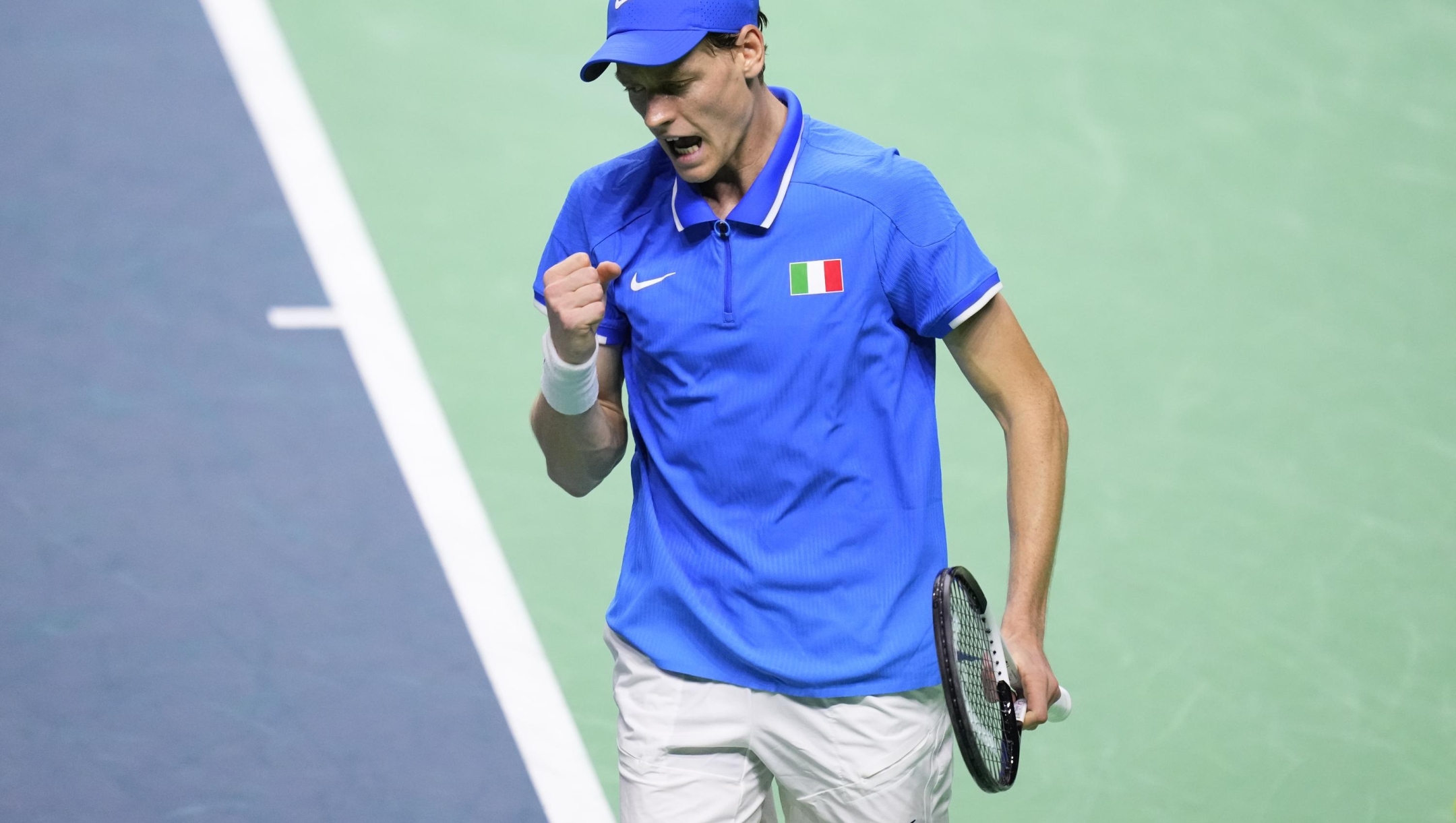 Jannik Sinner of Team Italy celebrates the victory after winning his singles match against Alex de Minaur of Team Australia during the Semi-Final tie between Italy and Australia during the Davis Cup Final at Palacio de Deportes Jose Maria Martin Carpena on November 23, 2024 in Malaga, Spain. (Photo by Jose Breton/Pics Action/NurPhoto via Getty Images)