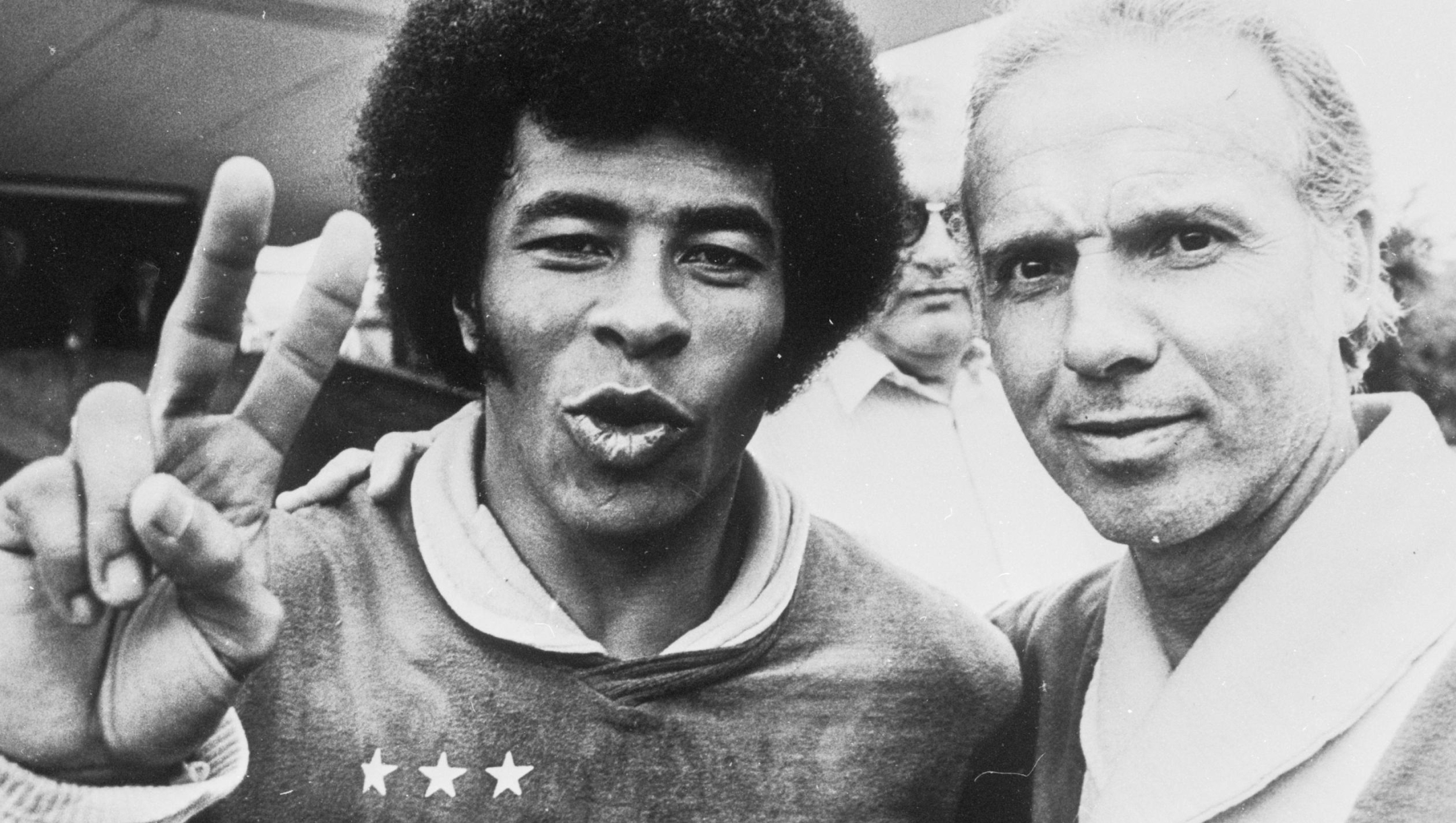 Brazilian footballer Jairzinho (Jair Ventura Filho), giving a victory sign before his team's game against Holland at Dortmund in the World Cup.   (Photo by Keystone/Getty Images)