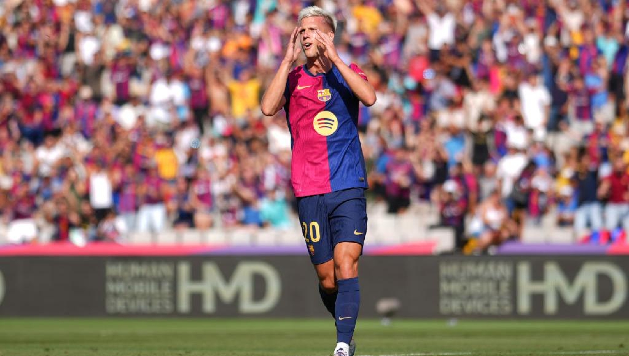 BARCELONA, SPAIN - AUGUST 31: Dani Olmo of FC Barcelona reacts after his goal is disallowed during the La Liga match between FC Barcelona and Real Valladolid CF at Camp Nou on August 31, 2024 in Barcelona, Spain. (Photo by Alex Caparros/Getty Images)