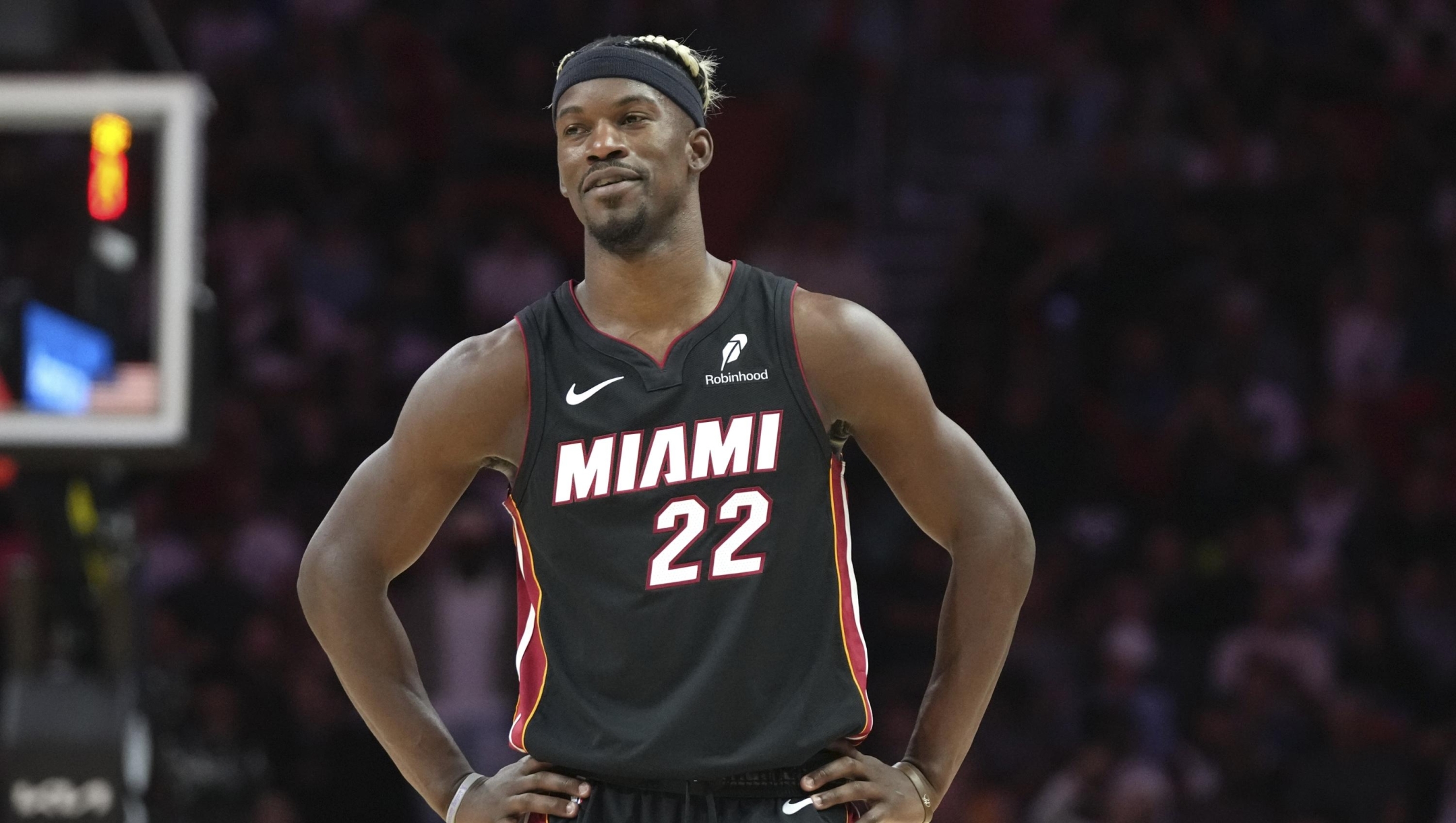 Miami Heat forward Jimmy Butler stands on the court during the second half of an NBA basketball game against the San Antonio Spurs, Sunday, Jan. 19, 2025, in Miami. (AP Photo/Lynne Sladky)