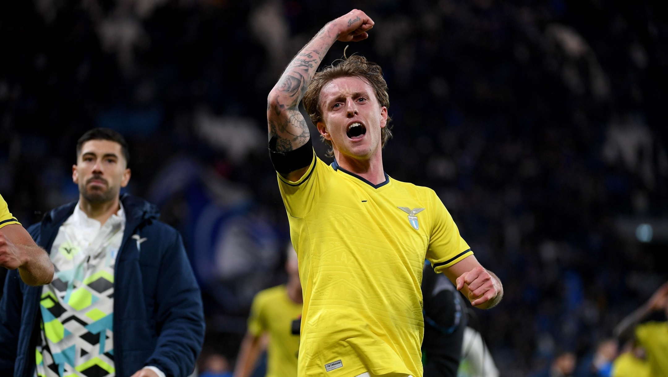  Nicolò Rovella of SS Lazio celebrates a victory after the Serie A match between Atalanta and Lazio at Gewiss Stadium on April 06, 2025 in Bergamo, Italy. (Photo by Marco Rosi - SS Lazio/Getty Images)