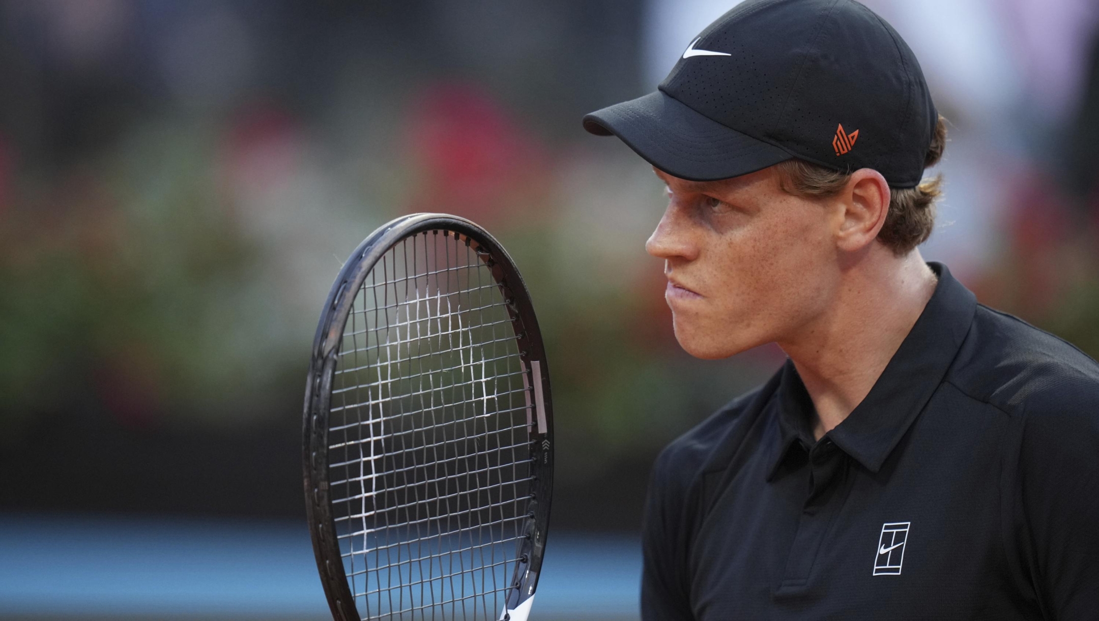 Italy's Jannik Sinner reacts after scoring a point against Argentina's Mariano Navone during a second round match at the Italian Open tennis tournament in Rome, Saturday, May 10, 2025. (AP Photo/Andrew Medichini)