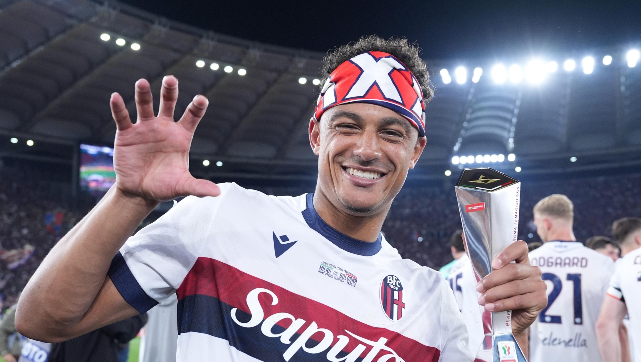 Bologna's Dan Ndoye Player of the match during the Italian Cup final soccer match between Milan and Bologna at Rome's Olympic Stadium, Italy. Wednesday, May 14, 2025. Sport Soccer (photo by Alfredo Falcone/LaPresse)