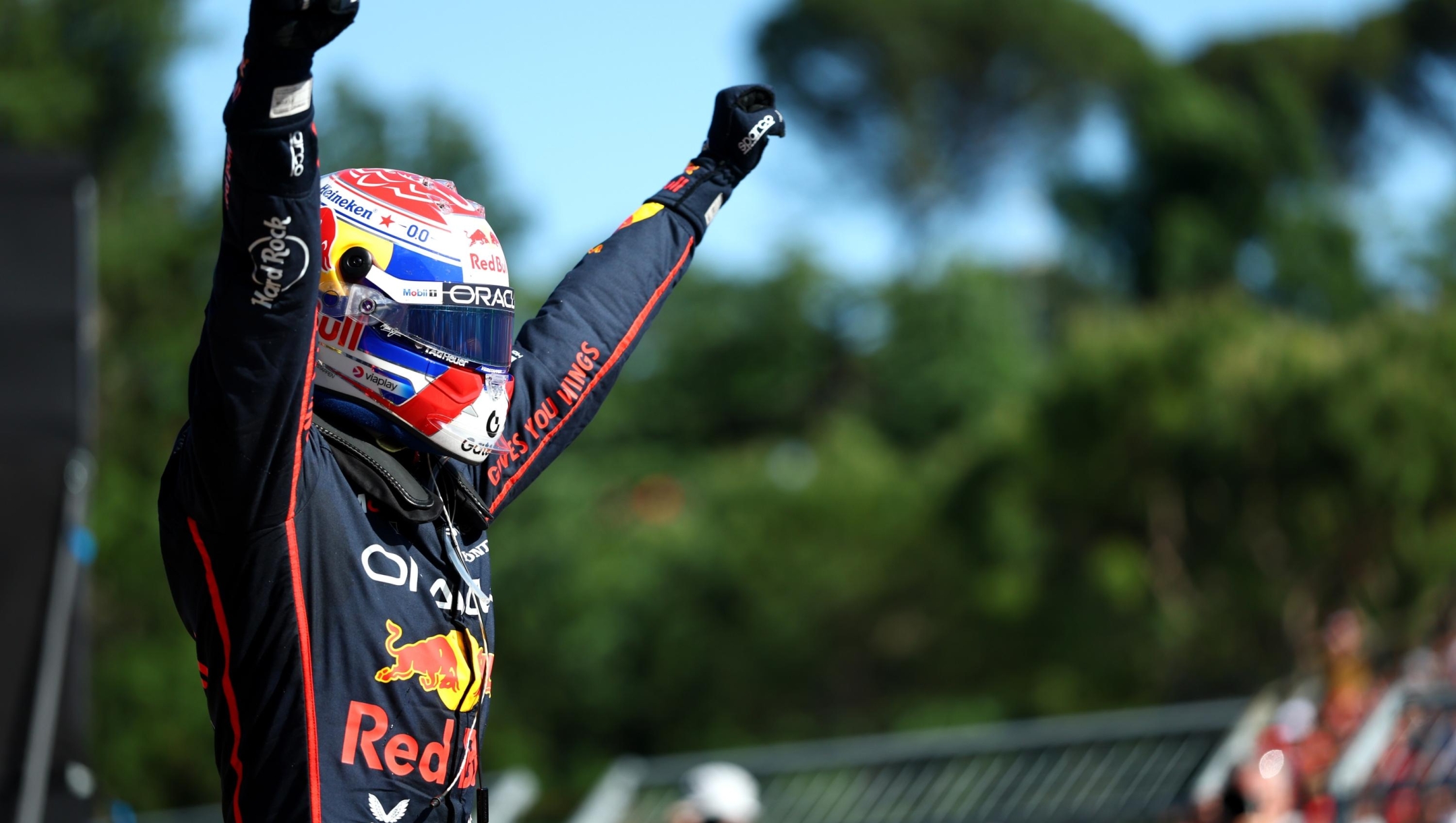 Race winner Max Verstappen of the Netherlands and Oracle Red Bull Racing celebrates in parc ferme during the F1 Grand Prix of Emilia-Romagna at Autodromo Internazionale Enzo e Dino Ferrari on May 18, 2025 in Imola, Italy. (Photo by Mark Thompson/Getty Images)