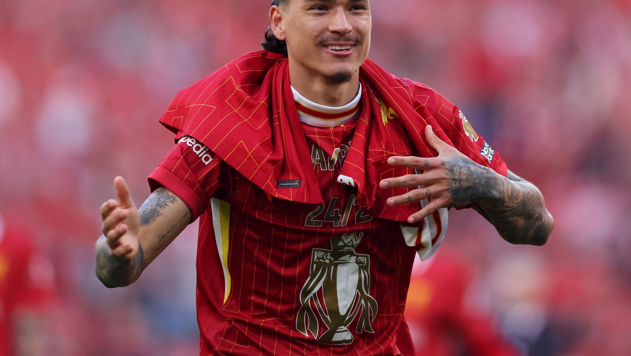 Darwin Nunez of Liverpool celebrates the teams victory and confirmation of winning the Premier League title after the Premier League match between Liverpool FC and Tottenham Hotspur FC at Anfield on April 27, 2025 in Liverpool, England. (Photo by Carl Recine/Getty Images)