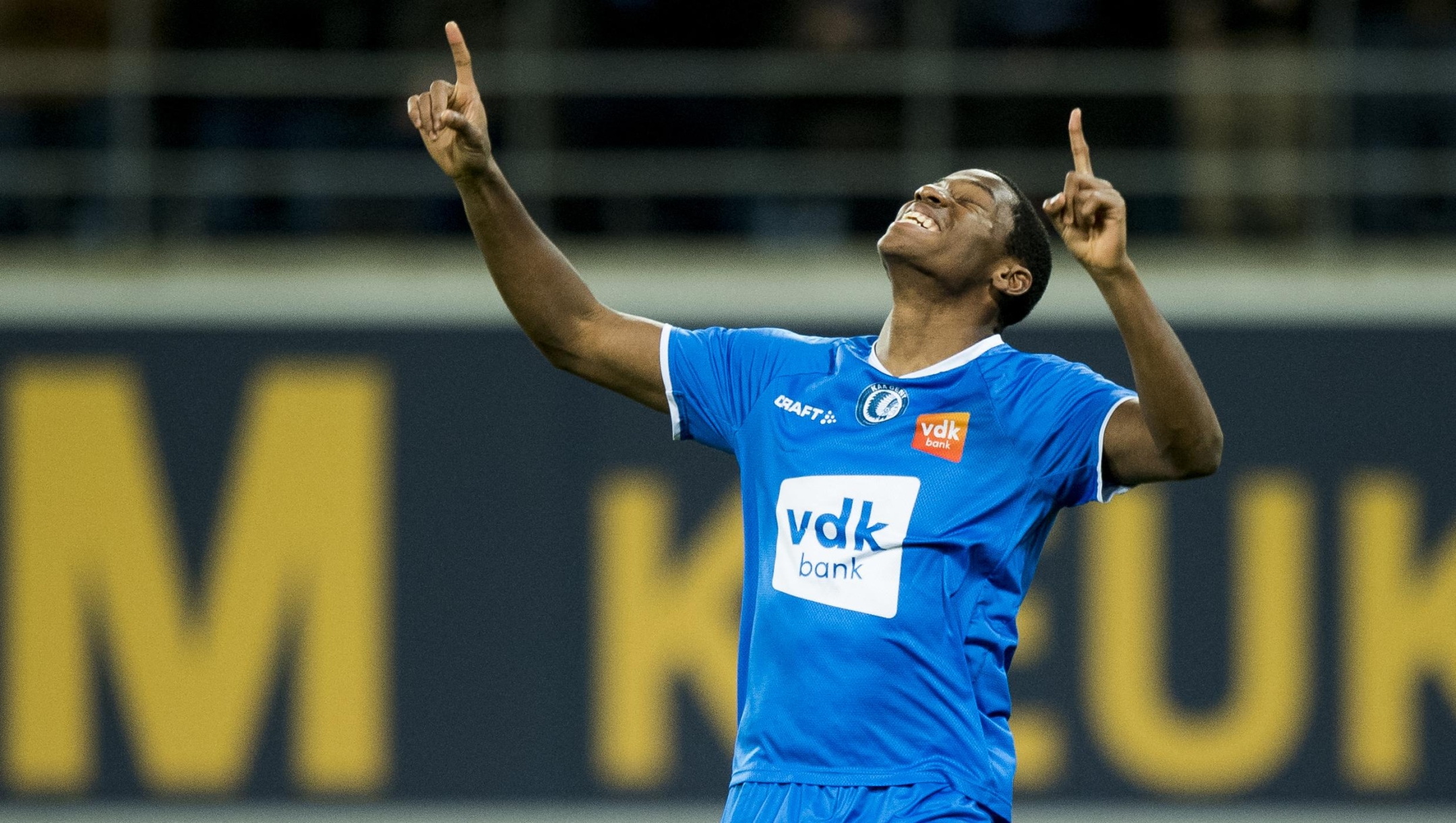 Gent's Jonathan David celebrate after scoring during the soccer match between KAA Gent and Cercle Brugge KSV, Friday 21 December 2018 in Gent, on the 20th day of the 'Jupiler Pro League' Belgian soccer championship season 2018-2019. BELGA PHOTO JASPER JACOBS (Photo by JASPER JACOBS / BELGA MAG / Belga via AFP)