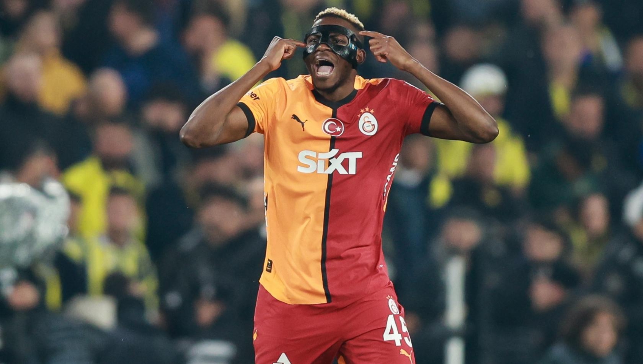Victor Osimhen of Galatasaray celebrates after scoring his team's first goal during the Turkish Super League match between Fenerbahce and Galatasaray at Ulker Sukru Saracoglu Stadium on April 2, 2025 in Istanbul, Turkey. (Photo by Ahmad Mora/Getty Images)