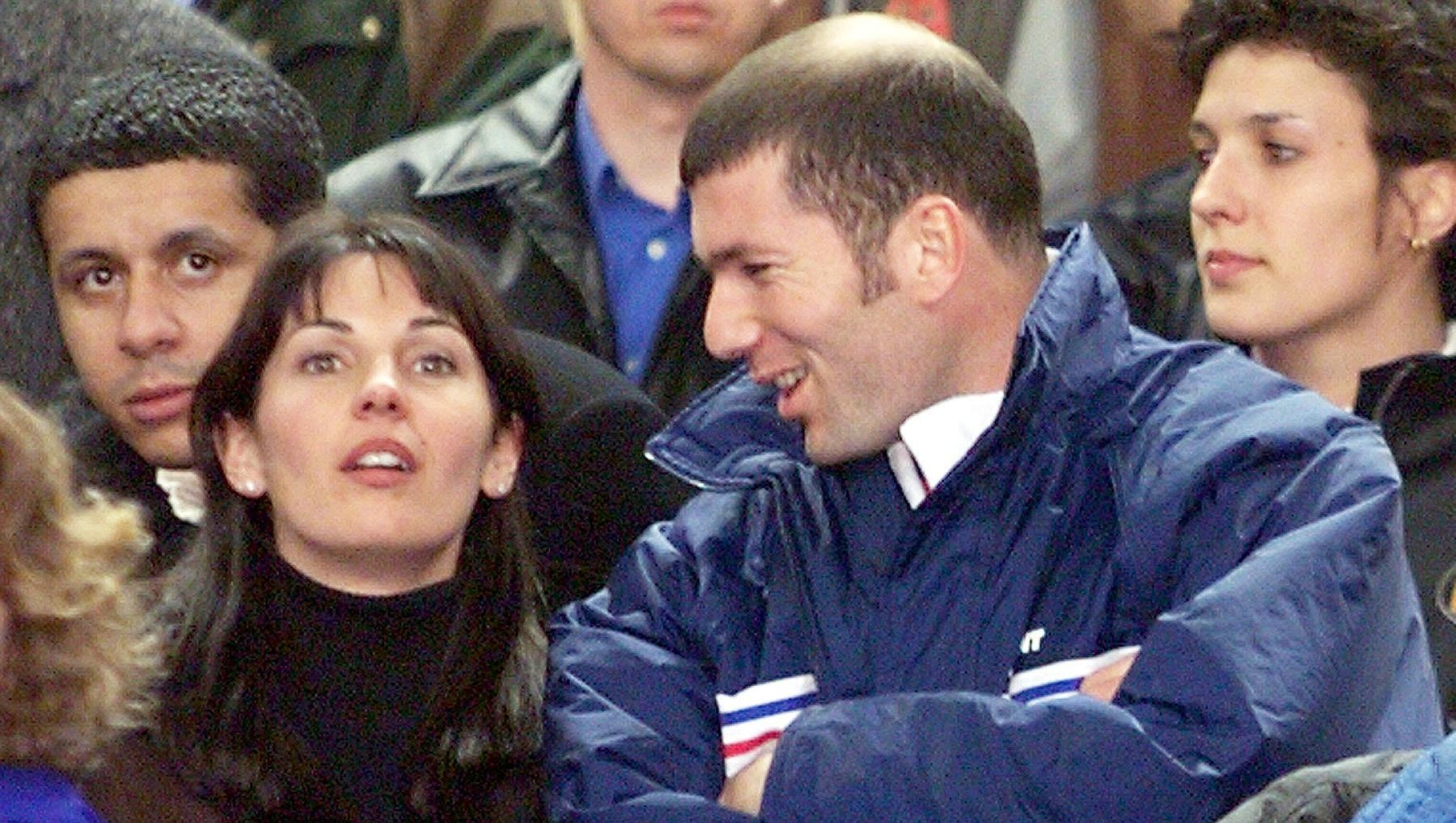 French player Zinedine Zidane and his wife Veronique watch the 2000 European championship qualifier match between France and Ukraine 27 March 1999 at the Stade de France in Saint-Denis, north of Paris. Zinedine Zidane did not particpate at the match as a result of a knee injury.
(ELECTRONIC IMAGE) (Photo by PATRICK HERTZOG / AFP)