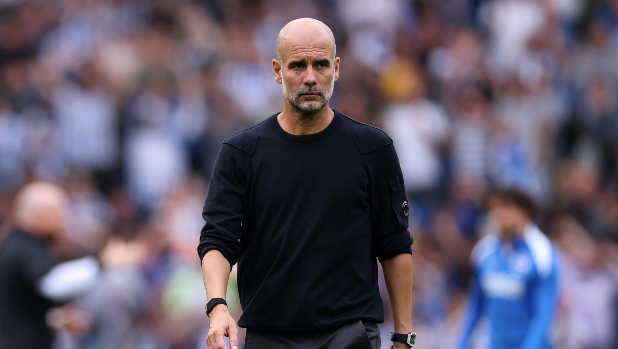 Pep Guardiola, Manager of Manchester City, reacts following the team's defeat during the Premier League match between Brighton & Hove Albion and Manchester City at Amex Stadium on August 31, 2025 in Brighton, England. (Photo by Justin Setterfield/Getty Images)