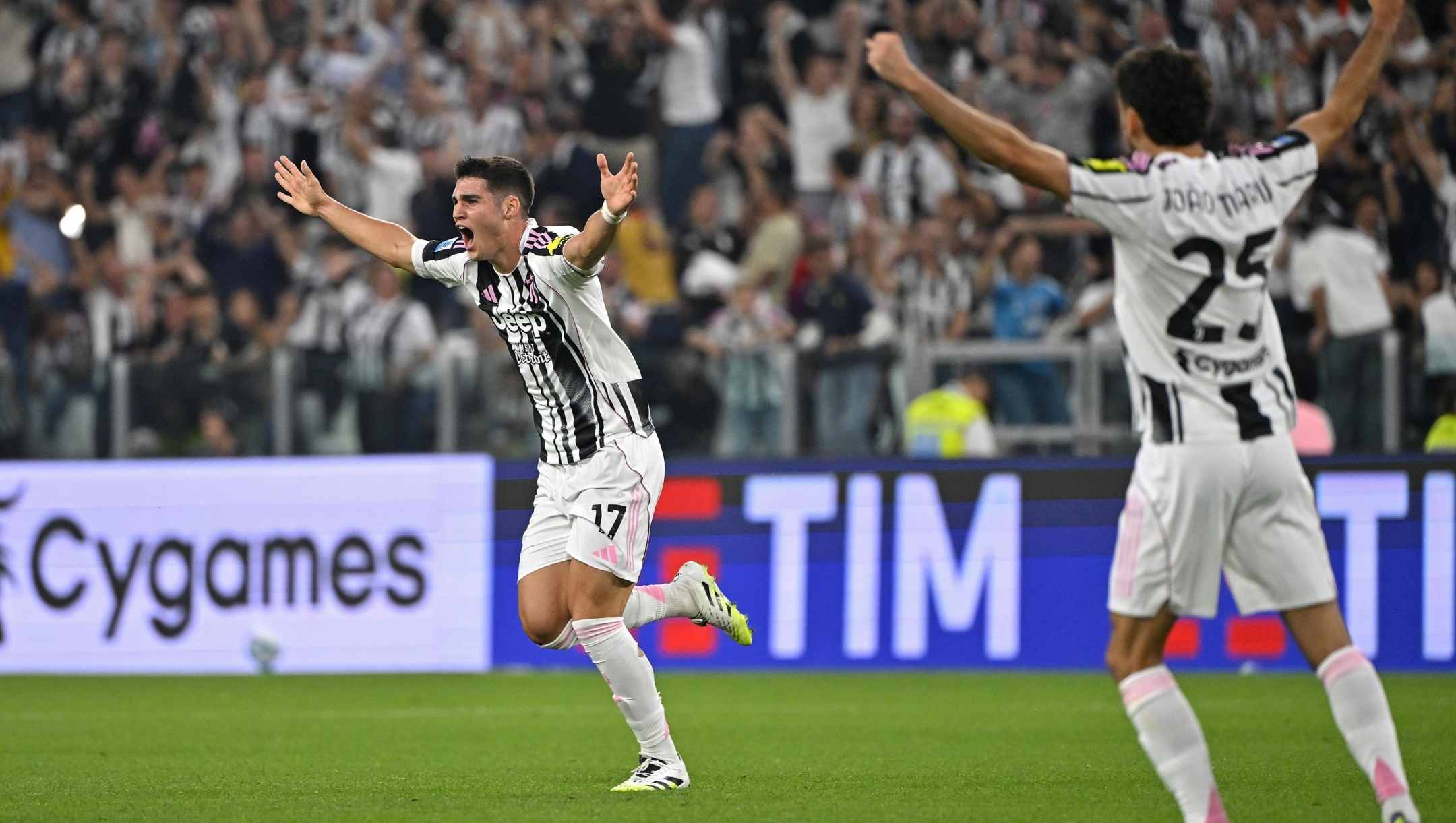  Vasilije Adzic of Juventus celebrates after scoring his team's fourth goal during the Serie A match between Juventus FC and FC Internazionale at Allianz Stadium on September 13, 2025 in Turin, Italy. (Photo by Filippo Alfero - Juventus FC/Juventus FC via Getty Images)