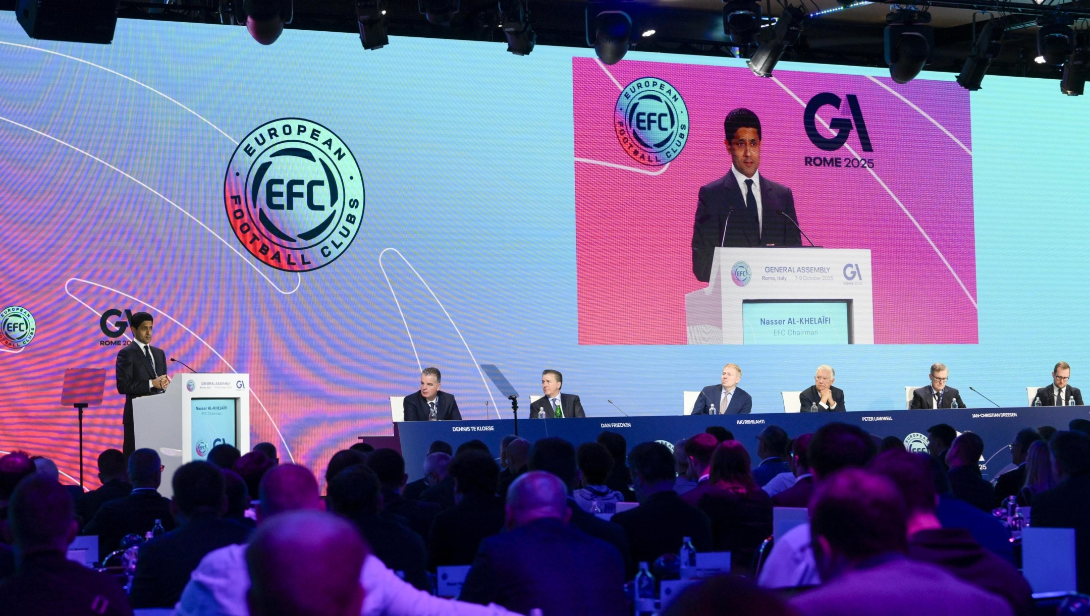 Nasser Al-Khelaifi EFC President during the 32nd European Football Clubs General Assembly in Rome at the Rome Cavalieri Waldorf Hotel. Italy - Thursday 09 October 2025. Sports. (Photo by Fabrizio Corradetti / LaPresse)