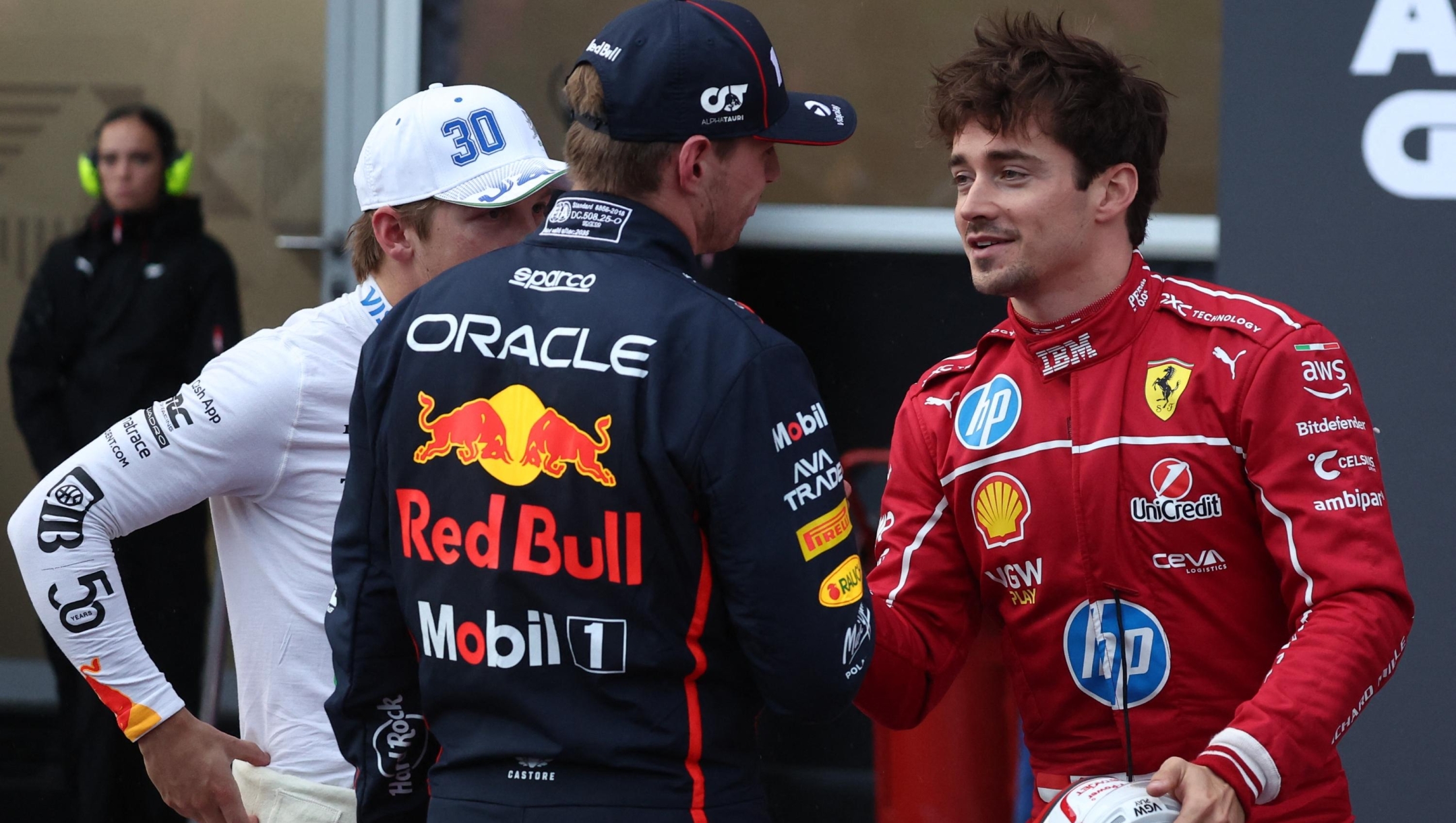 Liam Lawson of Racing Bulls, Max Verstappen of Red Bull Racing and Charles Leclerc of Ferrari after the qualifying ahead of the Formula 1 Grand Prix of Azerbaijan at Baku City Circuit in Baku, Azerbaijan on September 20, 2025. (Photo by Jakub Porzycki/NurPhoto) (Photo by Jakub Porzycki / NurPhoto via AFP)