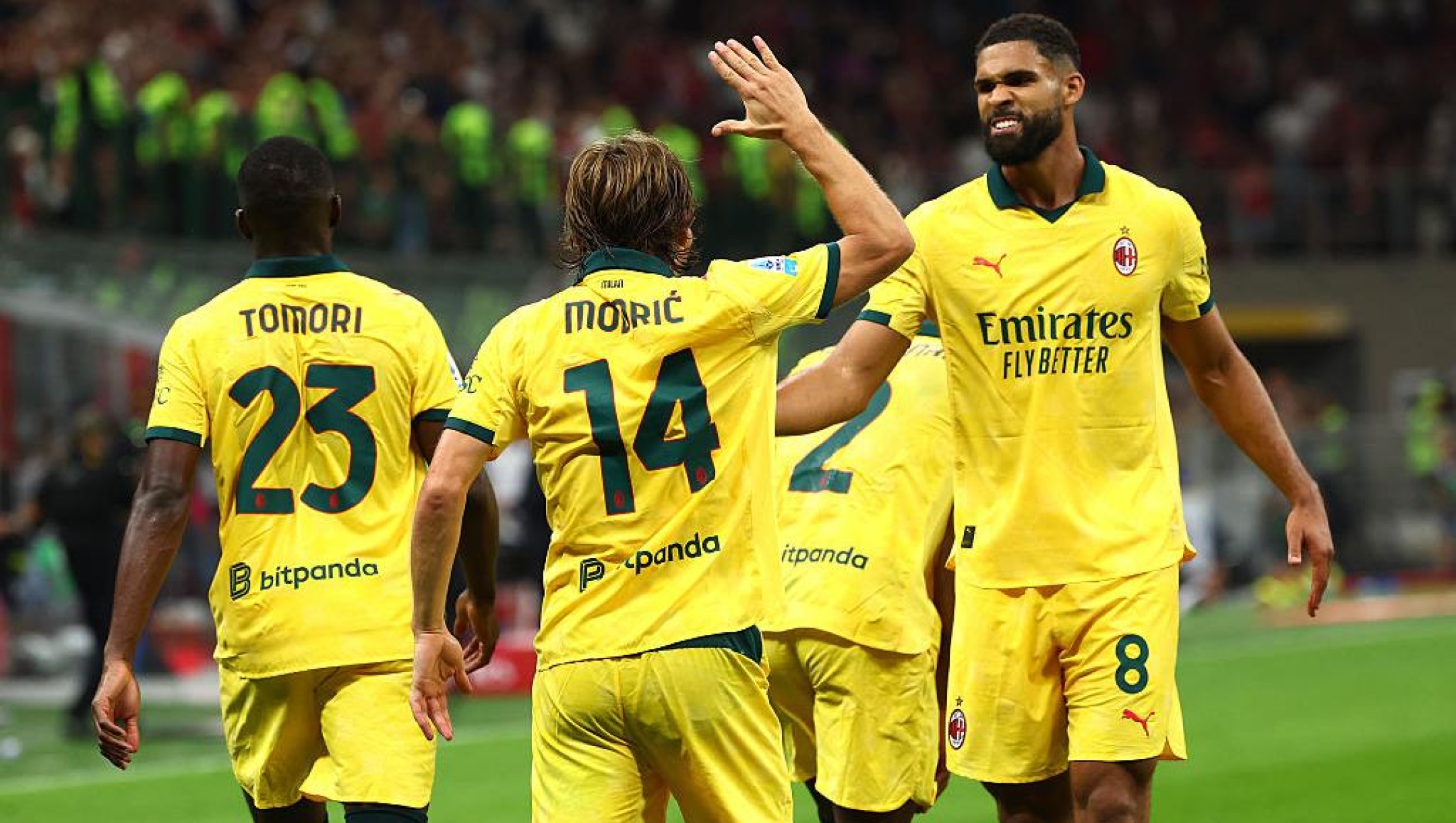 Luka Modric of AC Milan celebrates with Ruben Loftus-Cheek after scoring the his team's first goal during the Serie A match between AC Milan and Bologna FC 1909 at Giuseppe Meazza Stadium on September 14, 2025 in Milan, Italy. (Photo by Giuseppe Cottini/AC Milan via Getty Images)