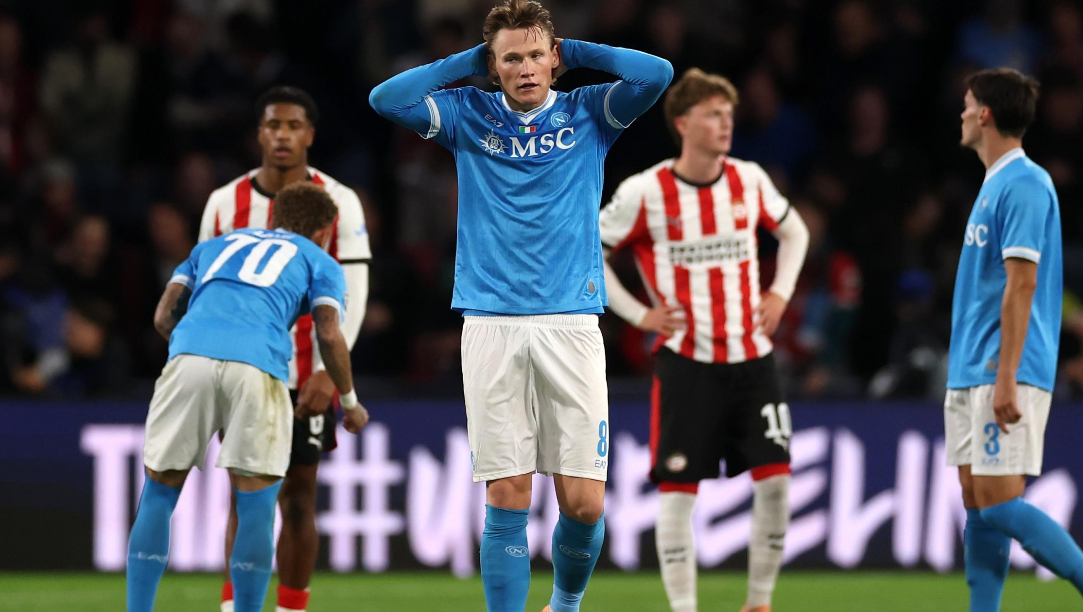 Scott McTominay of Napoli reacts during the UEFA Champions League 2025/26 League Phase MD3 match between PSV Eindhoven and SSC Napoli at PSV Stadion on October 21, 2025 in Eindhoven, Netherlands. (Photo by Dean Mouhtaropoulos/Getty Images)