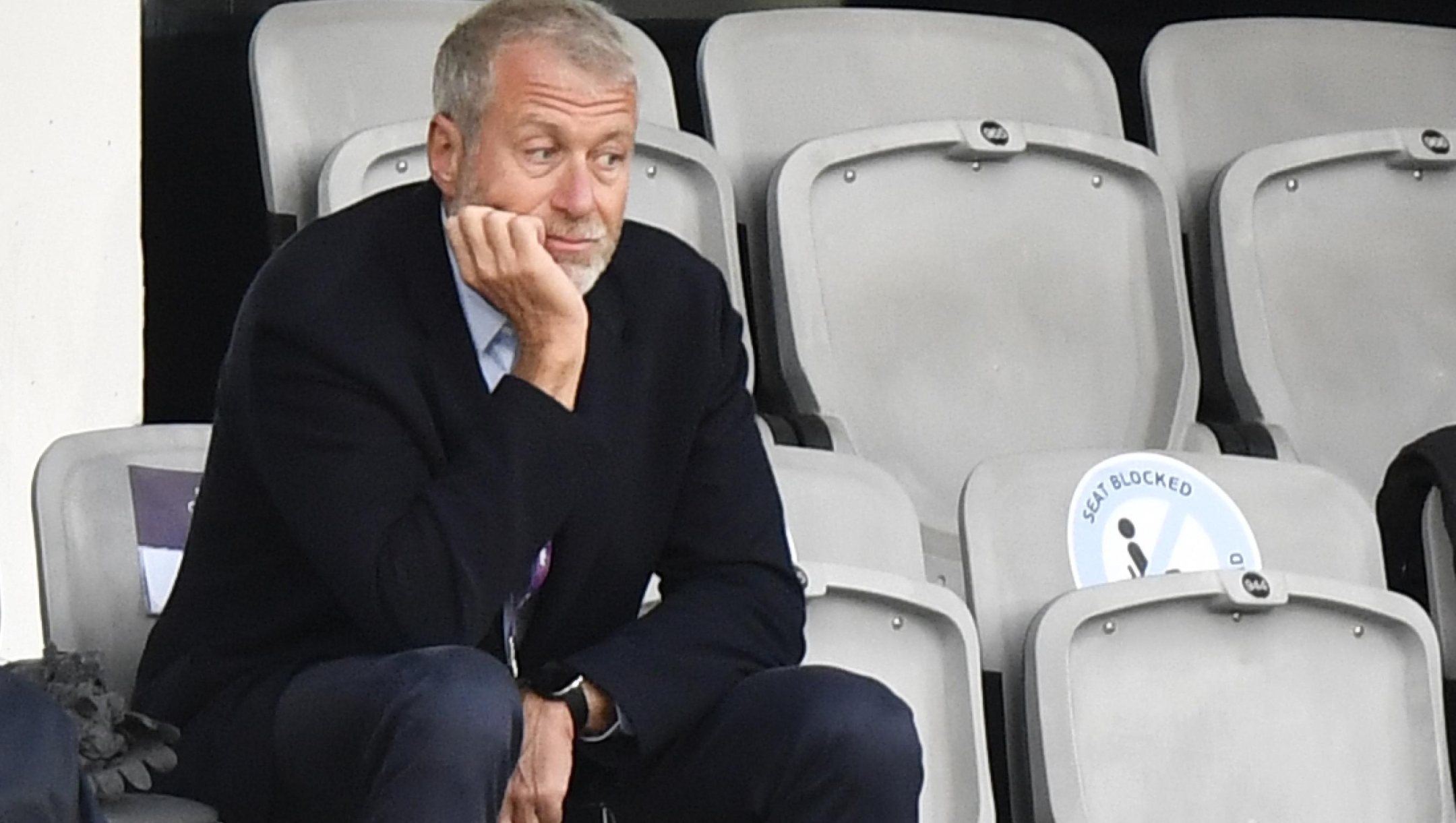 Chelsea soccer club owner Roman Abramovich, right, attends the UEFA Women's Champions League final soccer match between Chelsea FC and FC Barcelona in Gothenburg, Sweden, Sunday, May 16, 2021. (AP Photo/Martin Meissner)